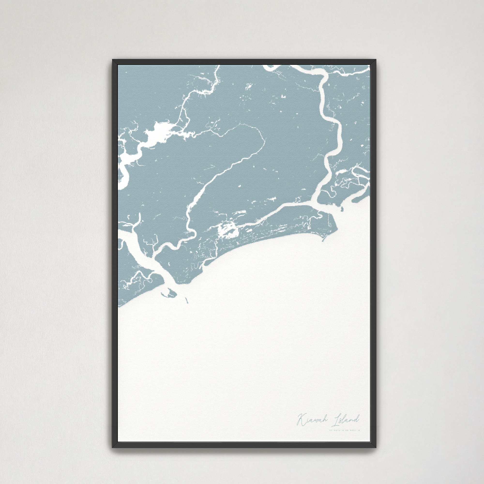Kiawah Island Coastal Map — Canvas Vertical, soft-blue, Black Frame