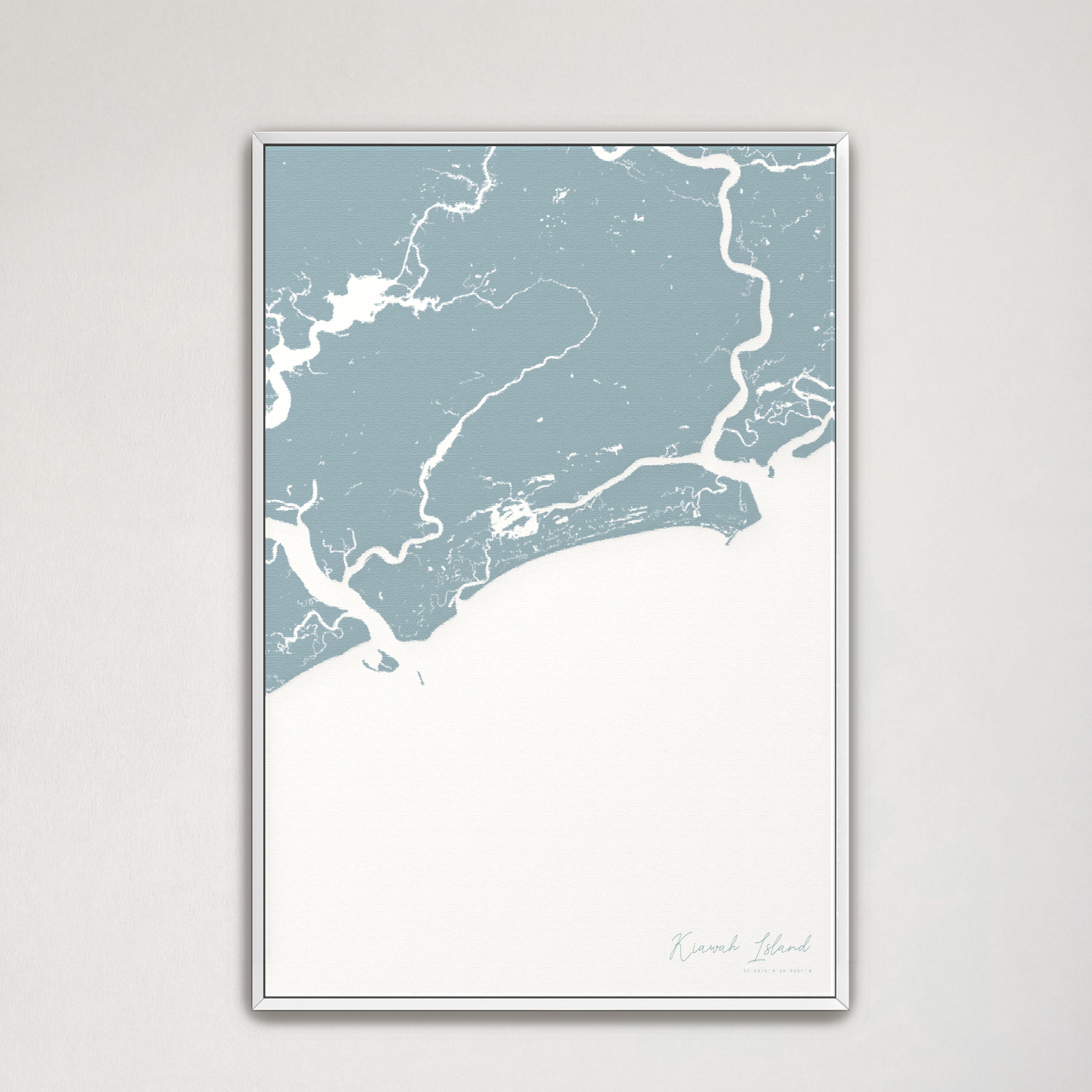 Kiawah Island Coastal Map — Canvas Vertical, soft-blue, White Frame