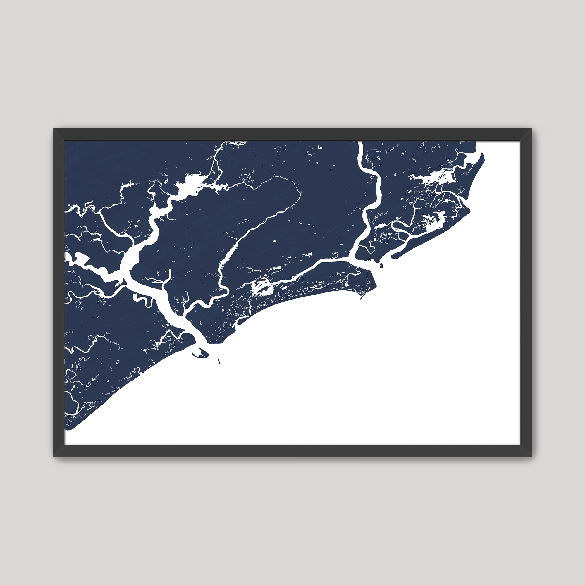 Kiawah Island Coastal Map — Fine Art Print Horizontal, navy, Black Frame, 10x8