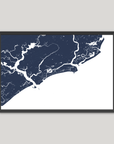Kiawah Island Coastal Map — Fine Art Print Horizontal, navy, Black Frame, 10x8