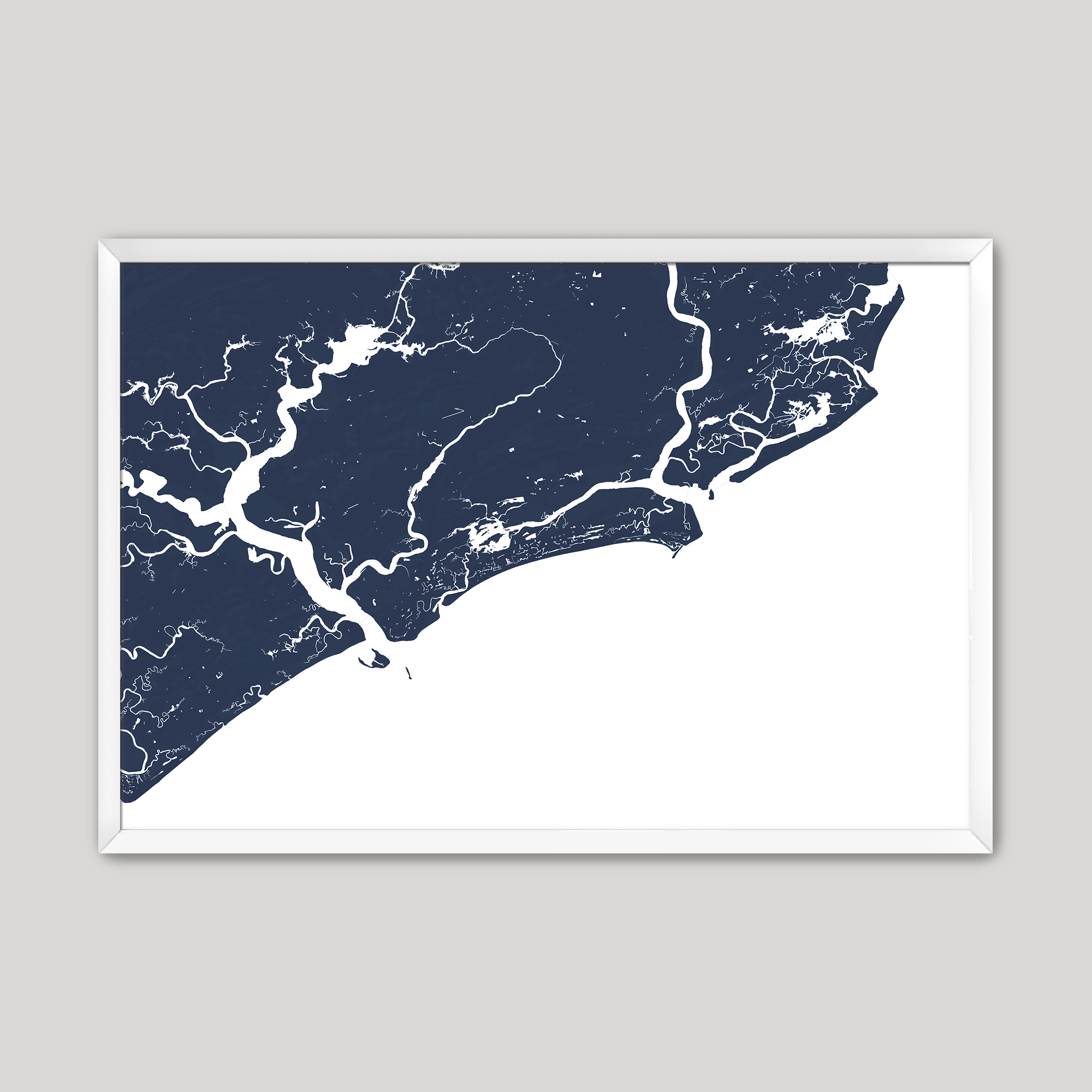 Kiawah Island Coastal Map — Fine Art Print Horizontal, navy, White Frame, 10x8