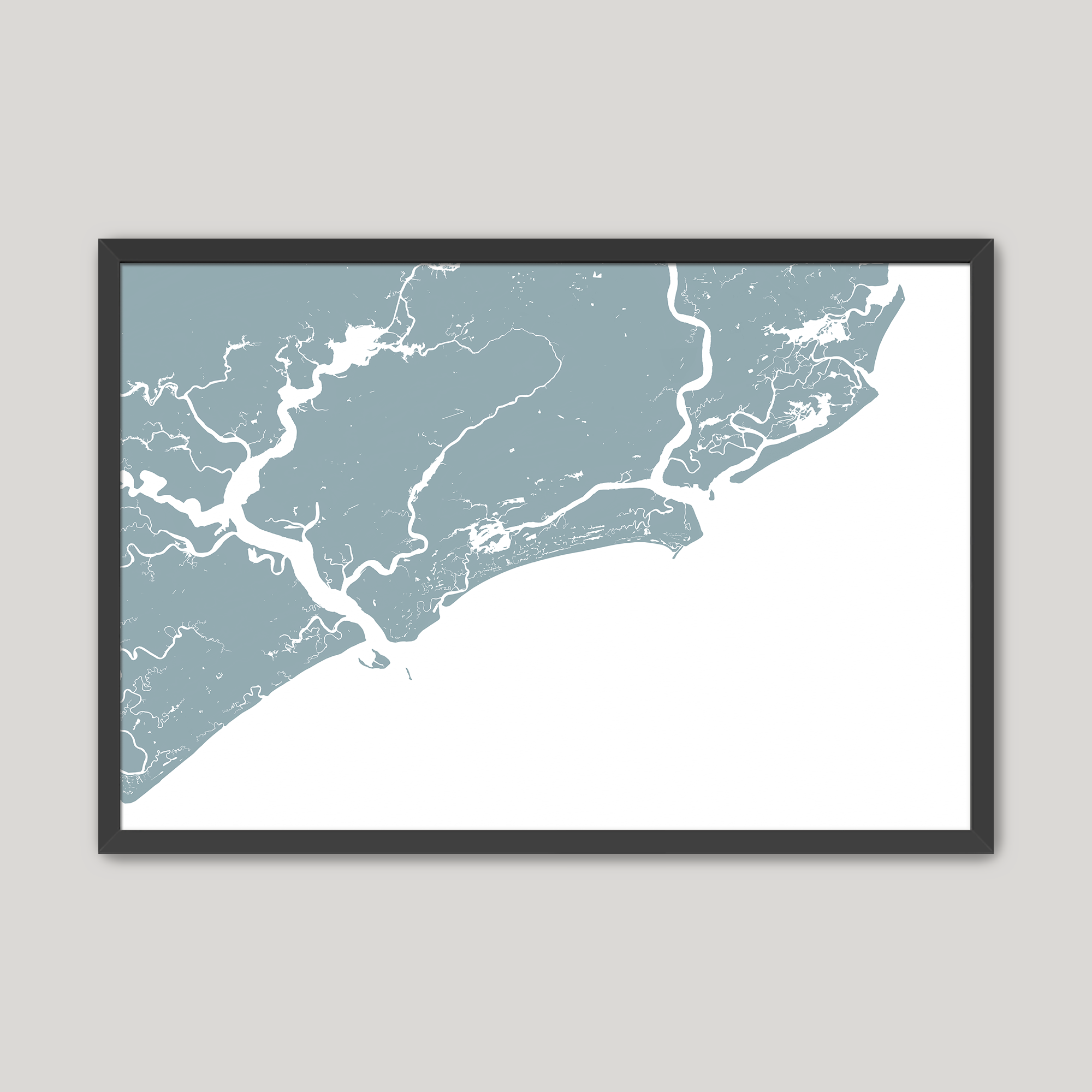 Kiawah Island Coastal Map — Fine Art Print Horizontal, soft-blue, Black Frame, 10x8