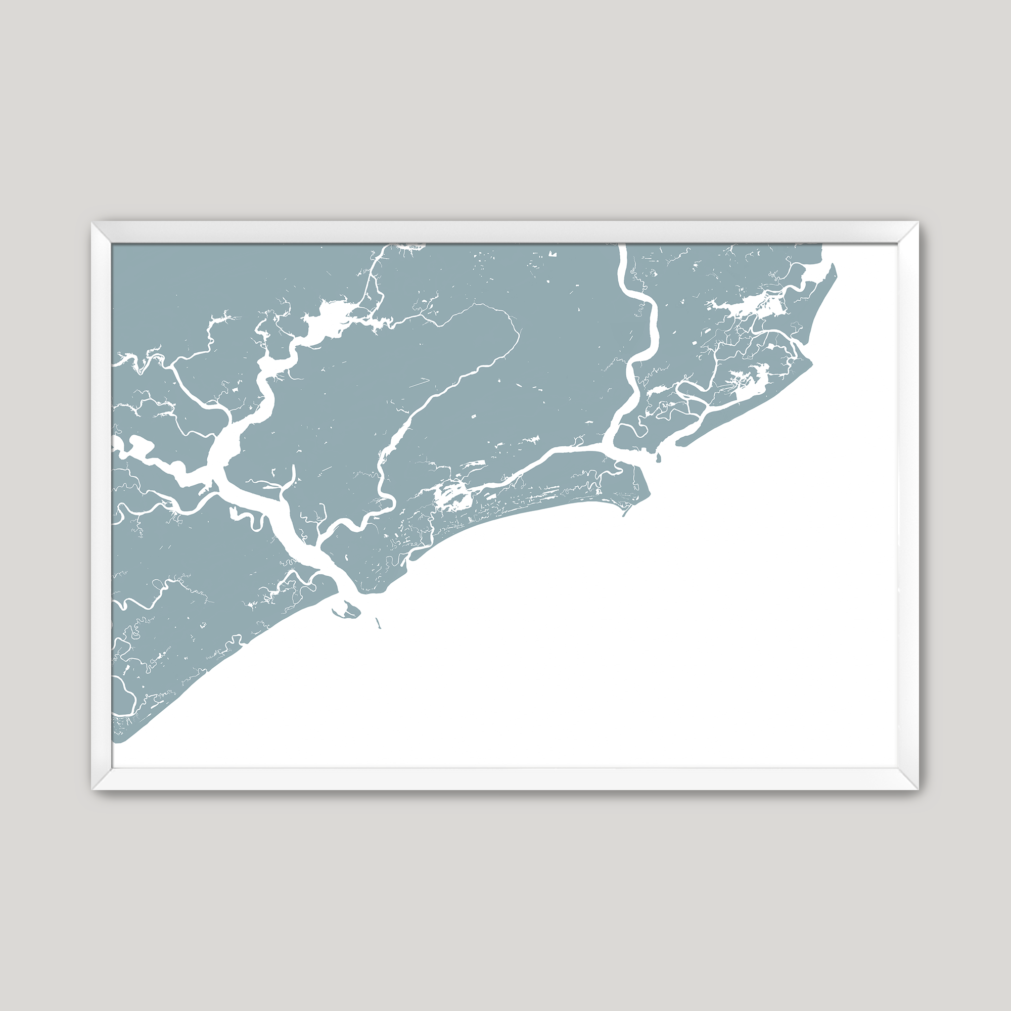 Kiawah Island Coastal Map — Fine Art Print Horizontal, soft-blue, White Frame, 10x8