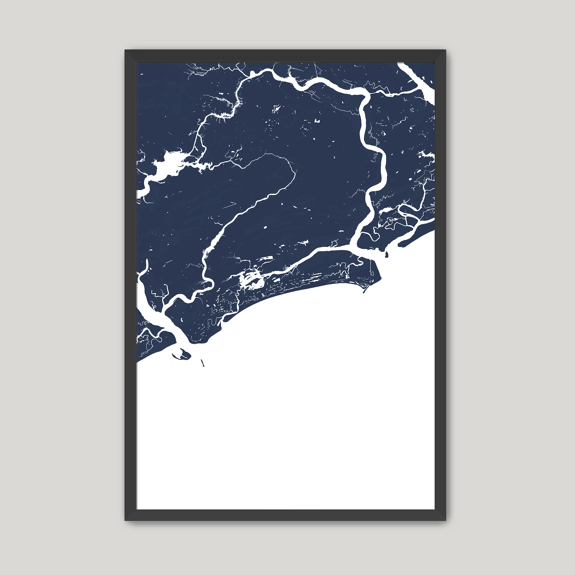 Kiawah Island Coastal Map — Fine Art Print Vertical, navy, Black Frame, 8x10