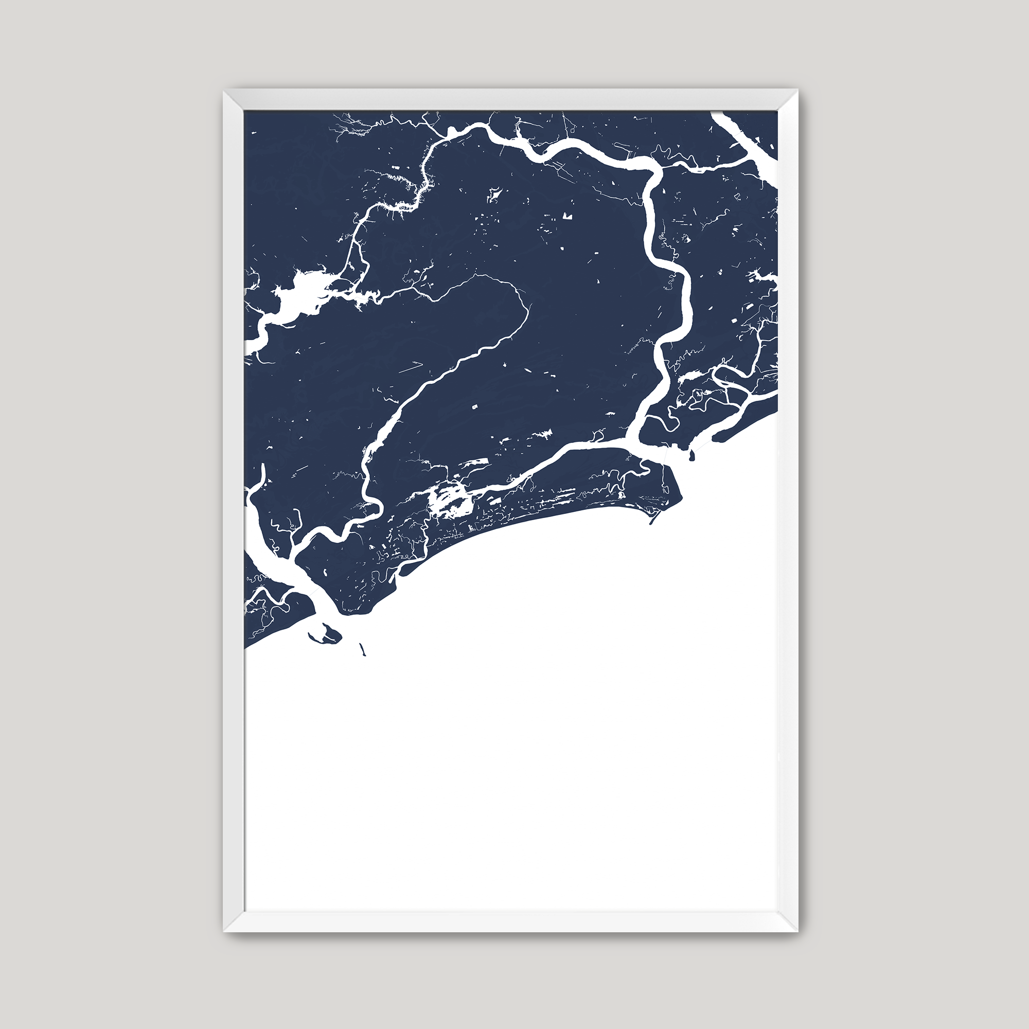 Kiawah Island Coastal Map — Fine Art Print Vertical, navy, White Frame, 8x10