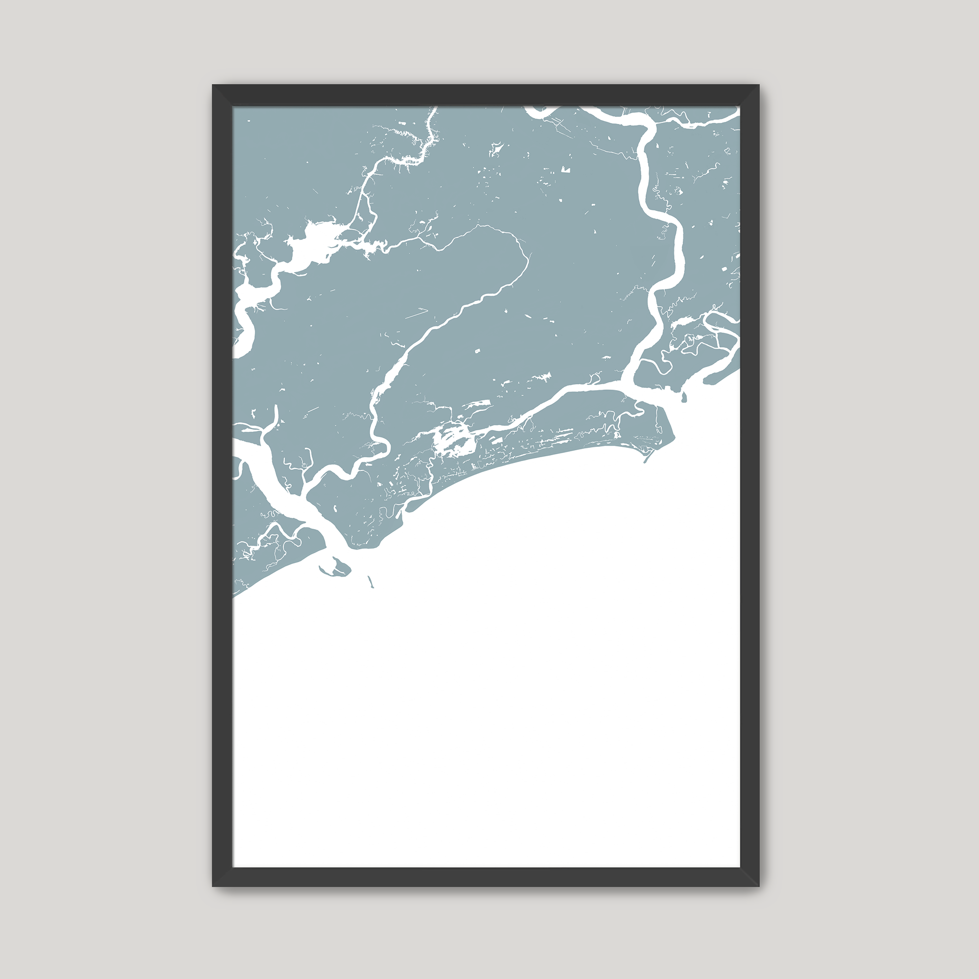 Kiawah Island Coastal Map — Fine Art Print Vertical, soft-blue, Black Frame, 8x10