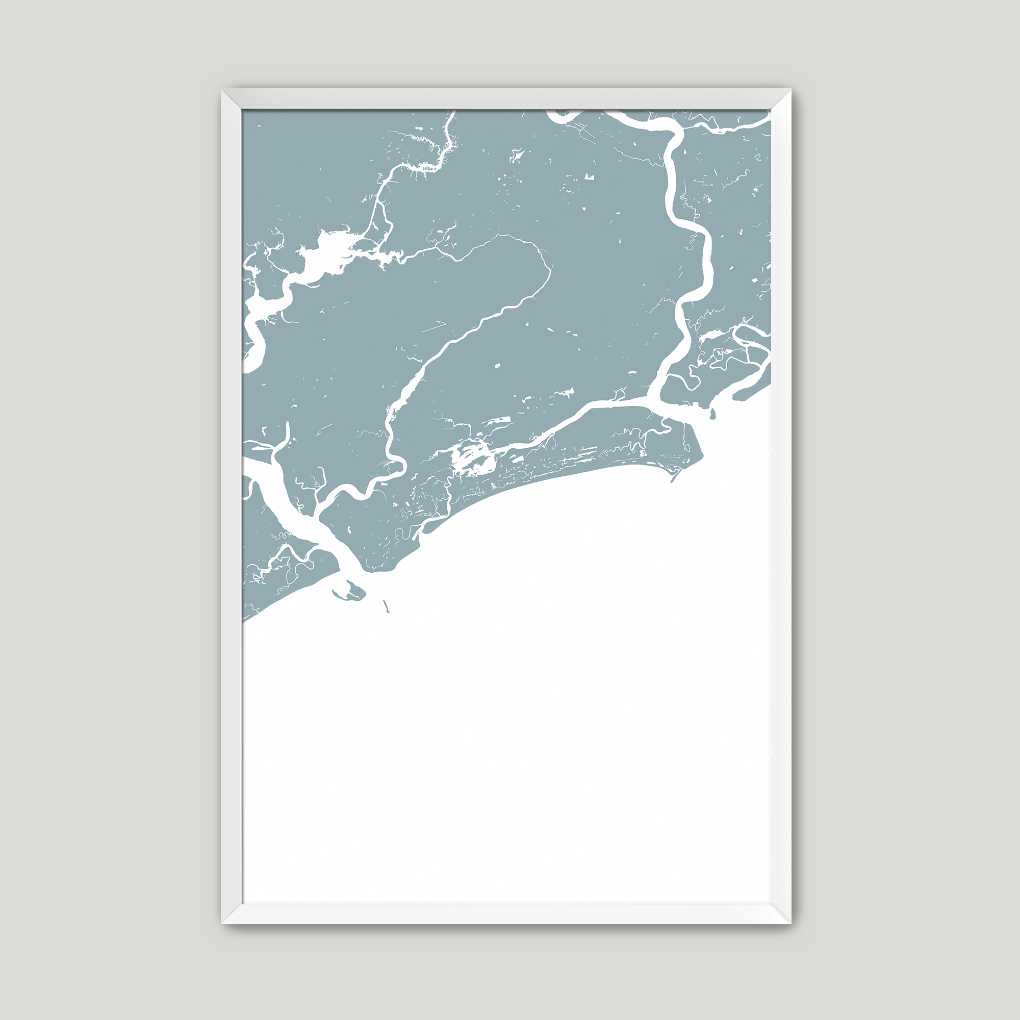 Kiawah Island Coastal Map — Fine Art Print Vertical, soft-blue, White Frame, 8x10