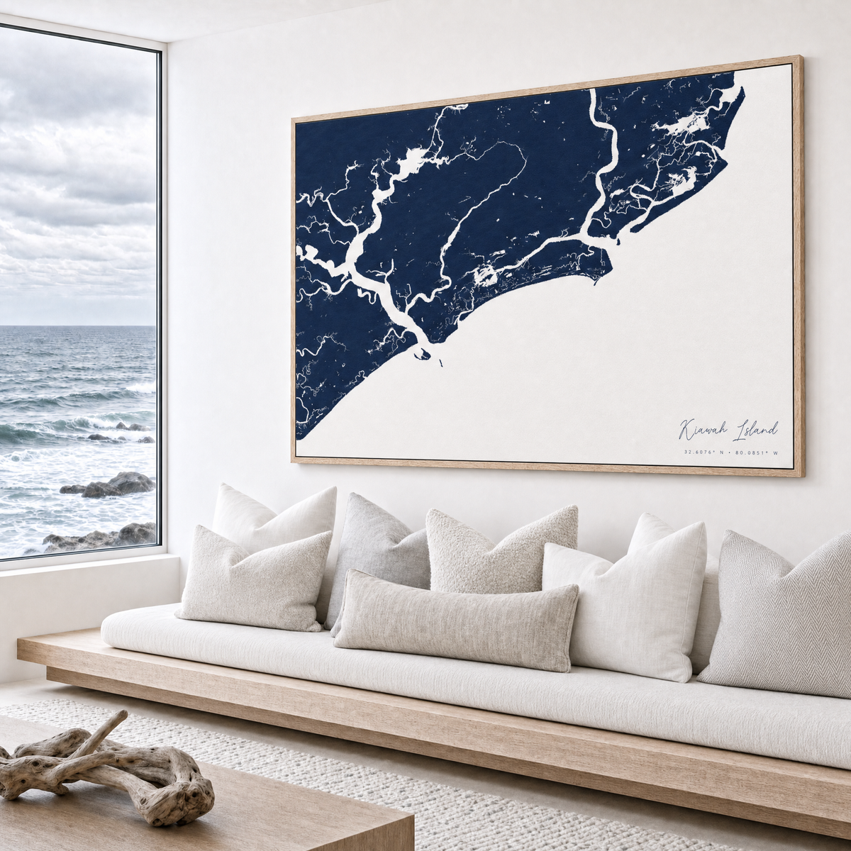 Kiawah Island canvas map — sea-view bench interior