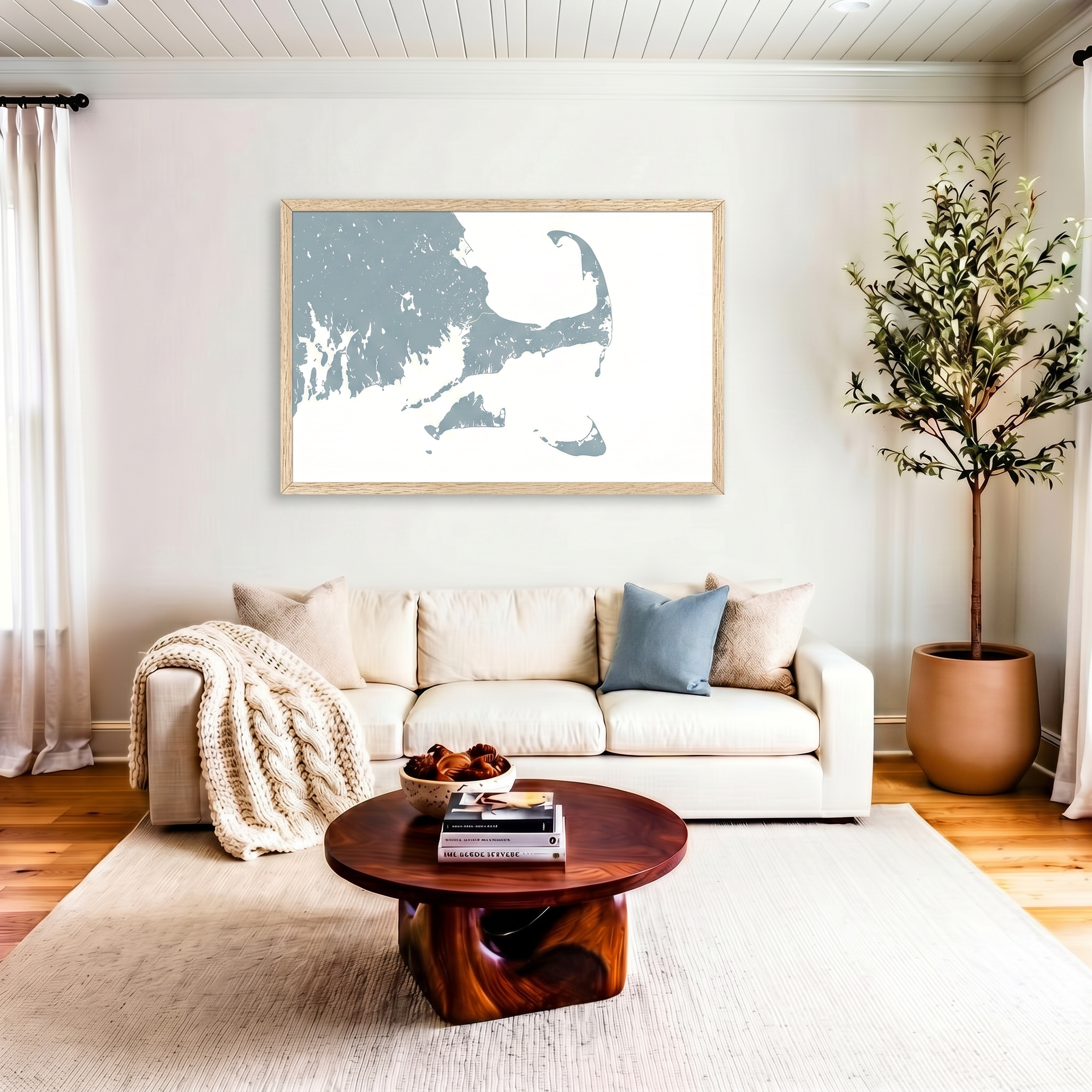Cape Cod matte map art in livingroom setting