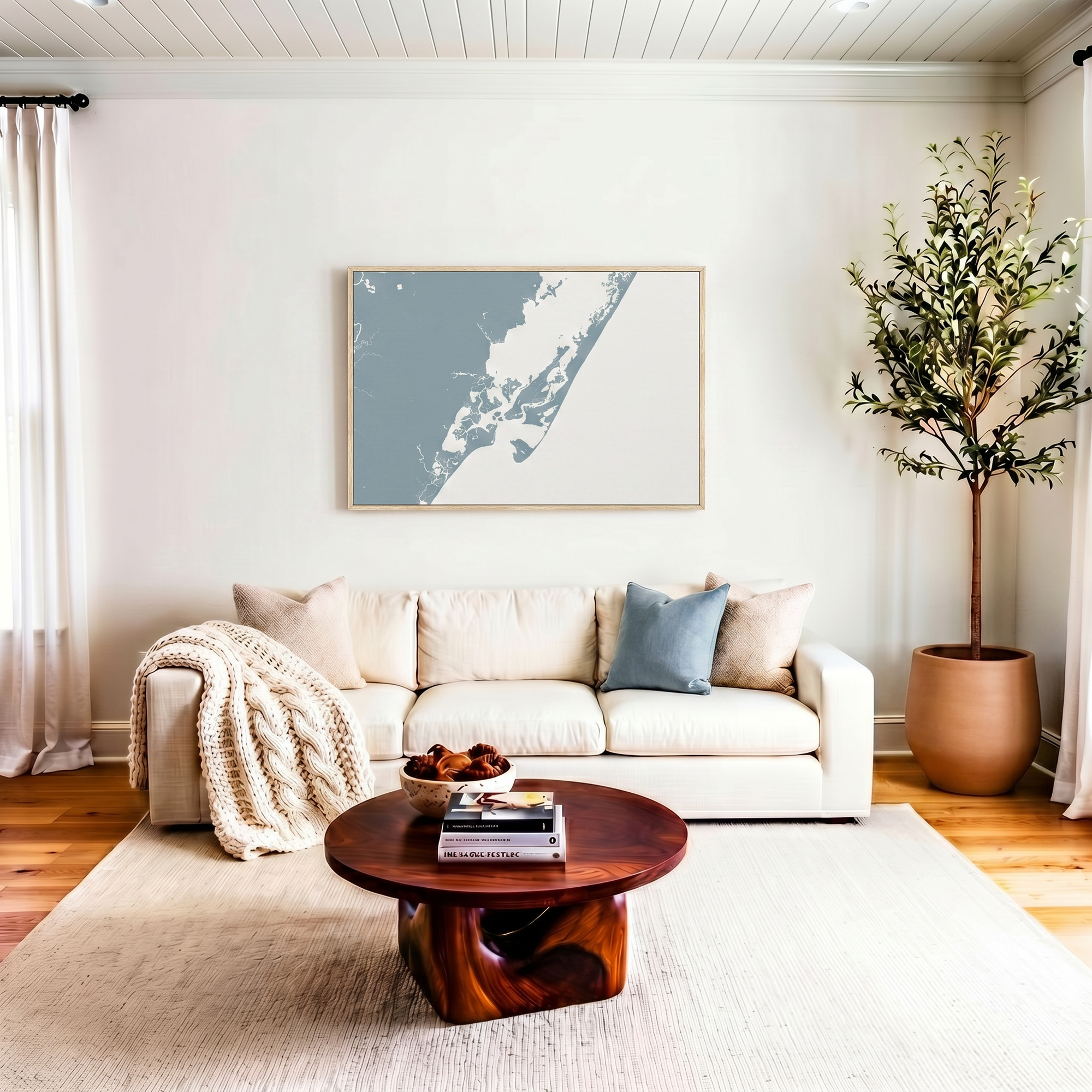 Chincoteague Island canvas map art in livingroom setting