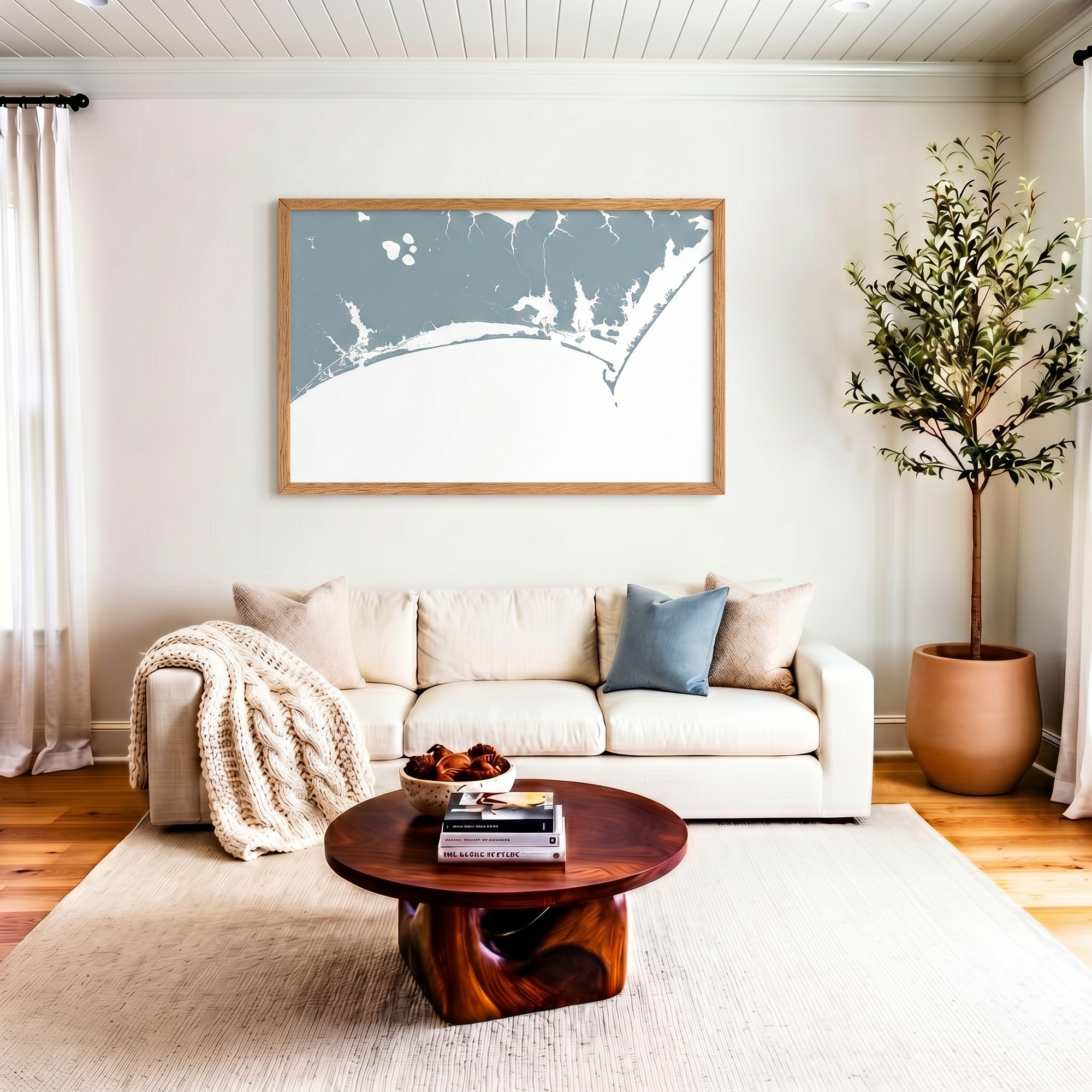 Crystal Coast/Emerald Isle matte map art in livingroom setting