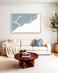 Kiawah Island matte map art in livingroom setting