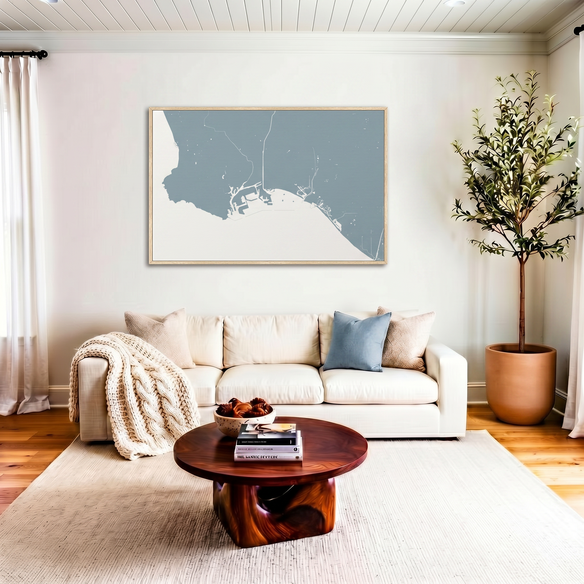 Long Beach canvas map art in livingroom setting