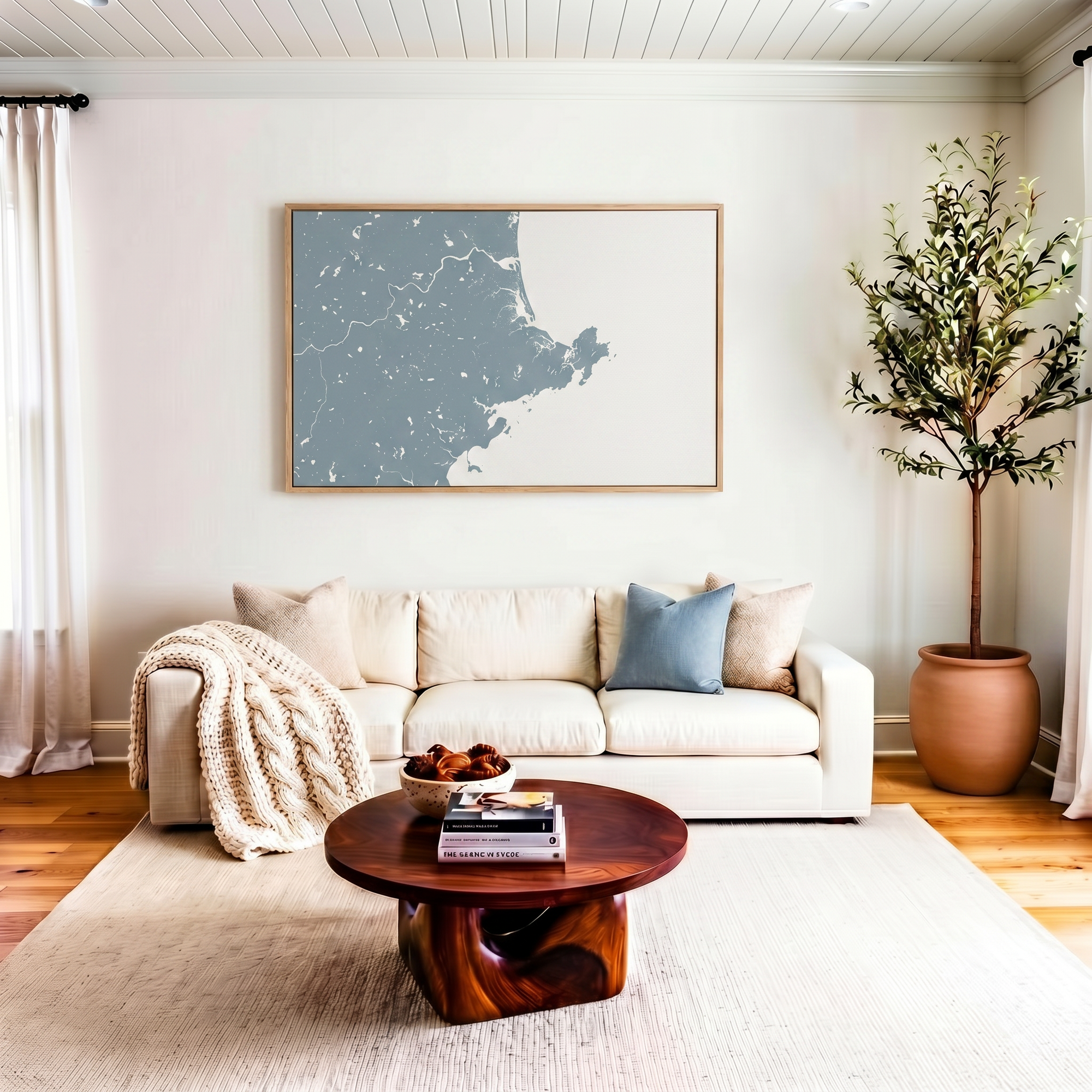 North Shore Massachusetts canvas map art in livingroom setting