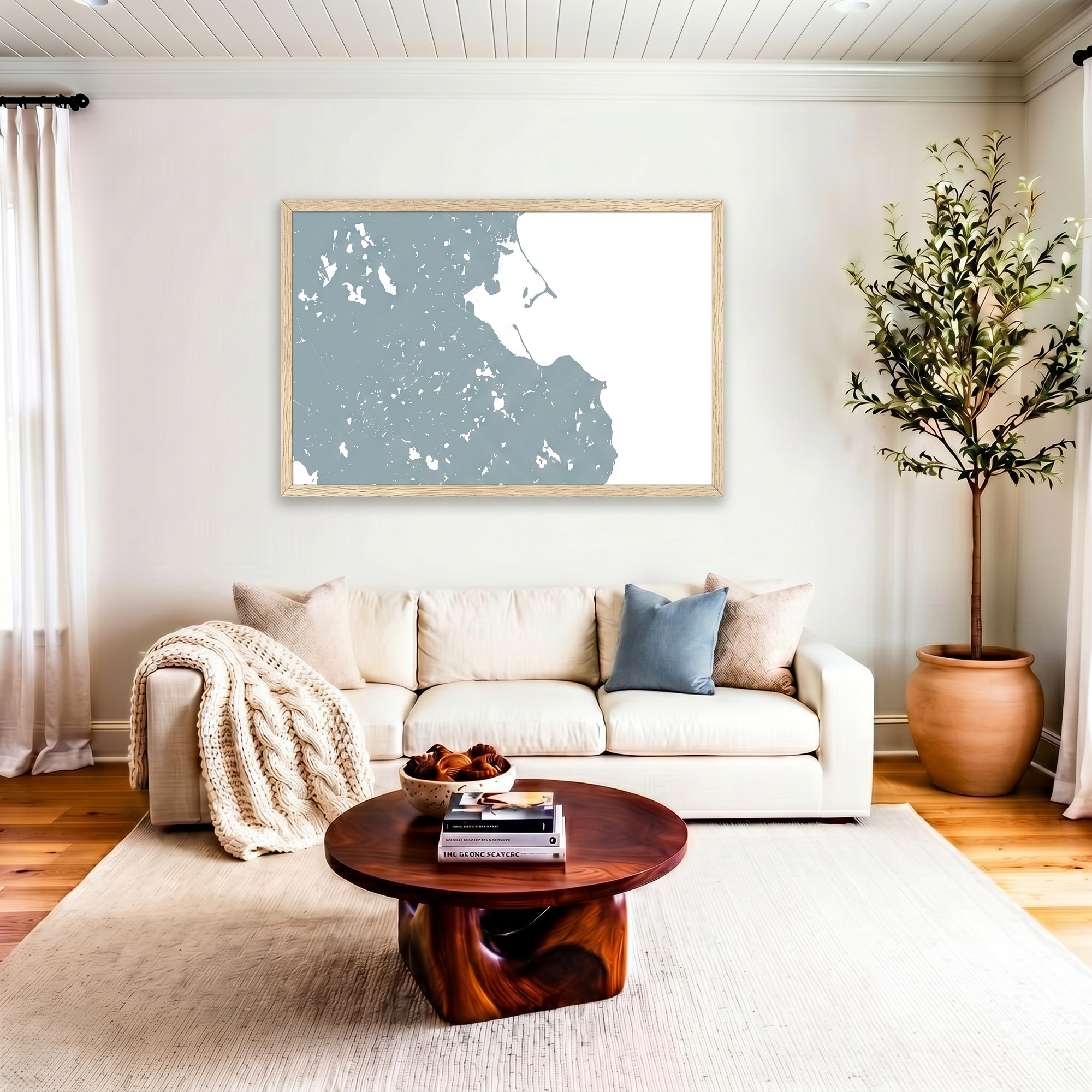 Plymouth matte map art in livingroom setting