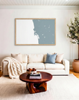 San Diego Coast matte map art in livingroom setting