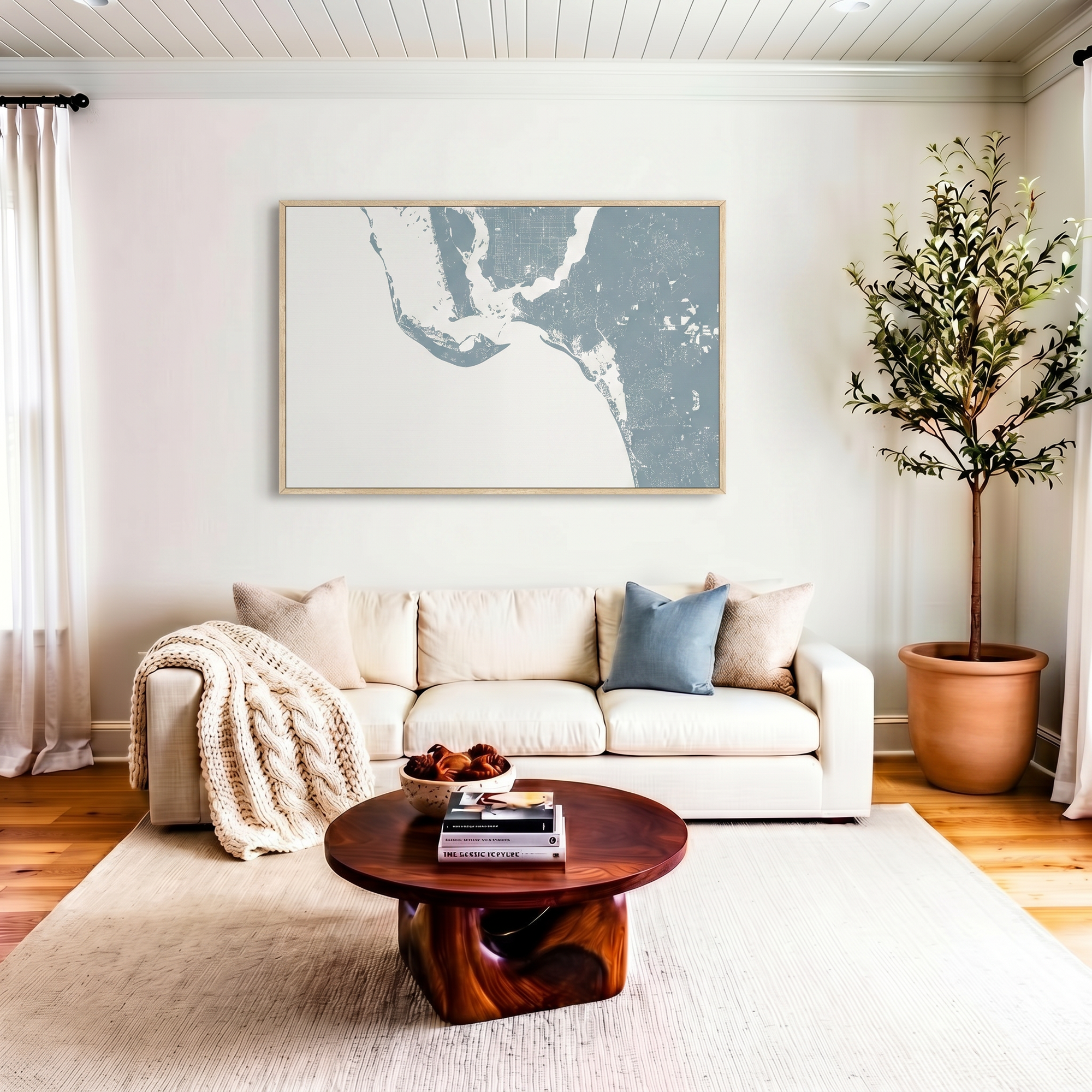 Sanibel canvas map art in livingroom setting