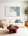 Sanibel canvas map art in livingroom setting