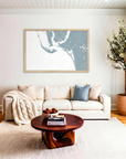 Sanibel matte map art in livingroom setting