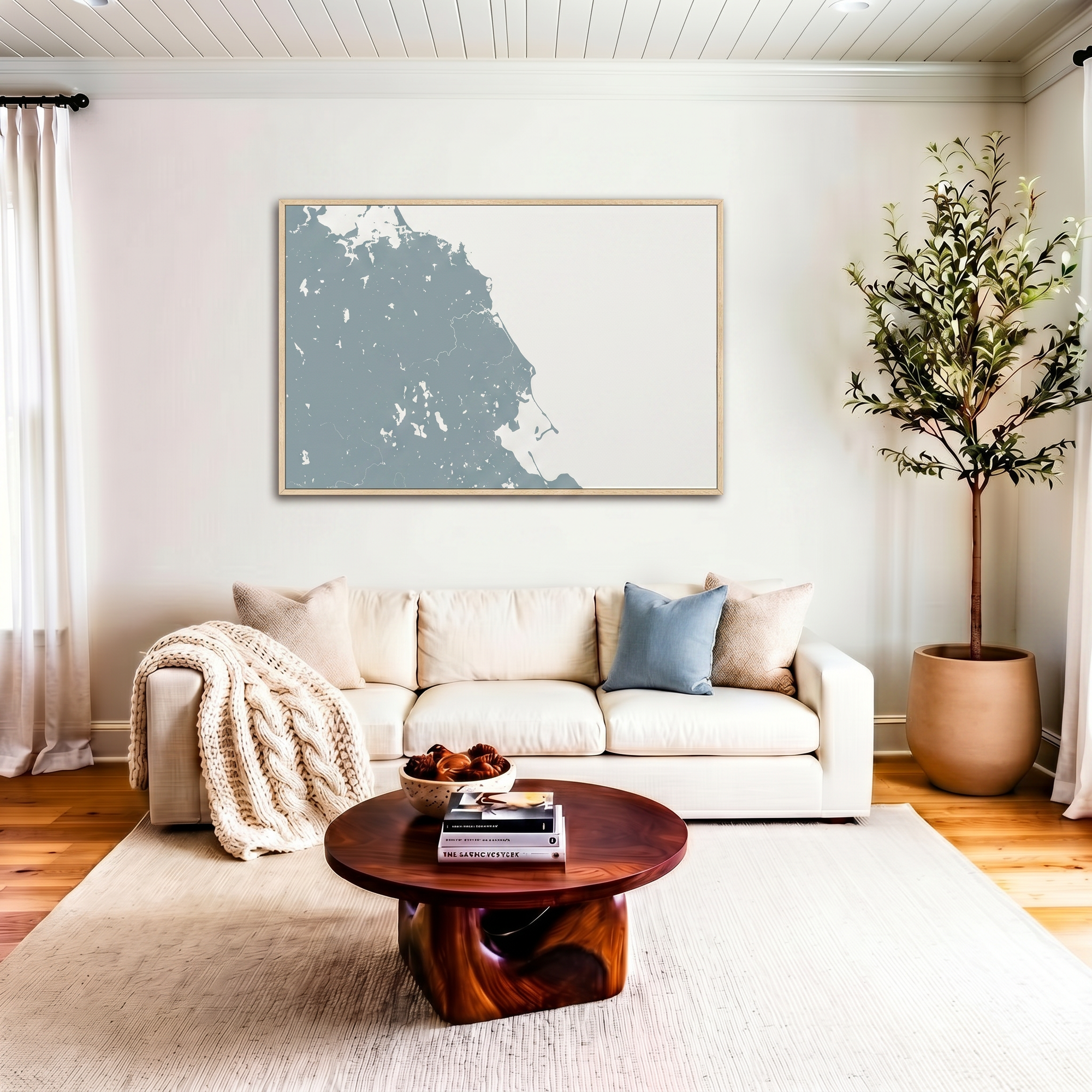 South Shore Massachusetts canvas map art in livingroom setting