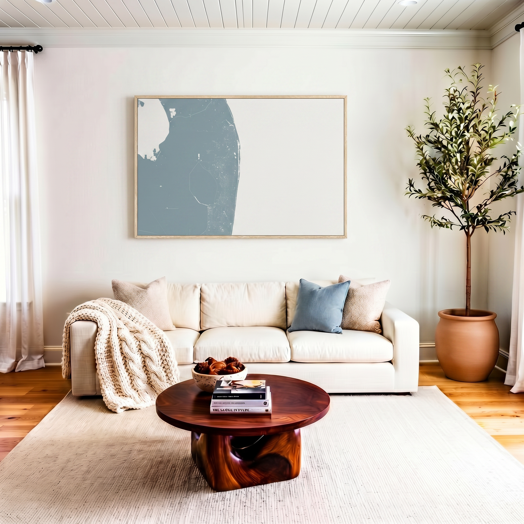 The Palm Beaches canvas map art in livingroom setting