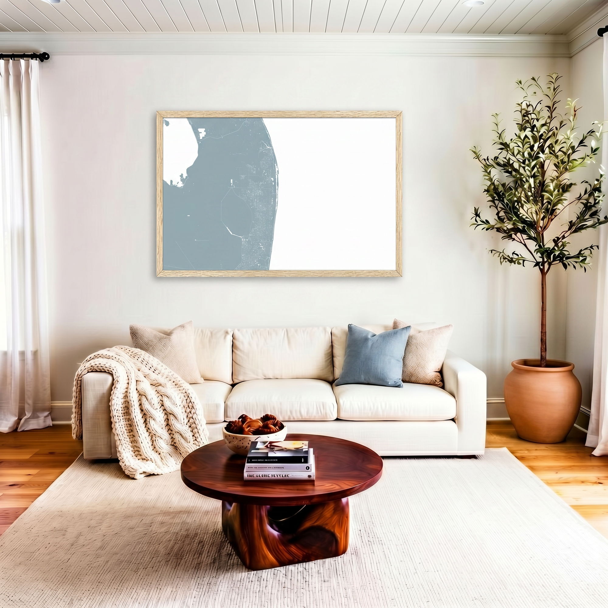 The Palm Beaches matte map art in livingroom setting