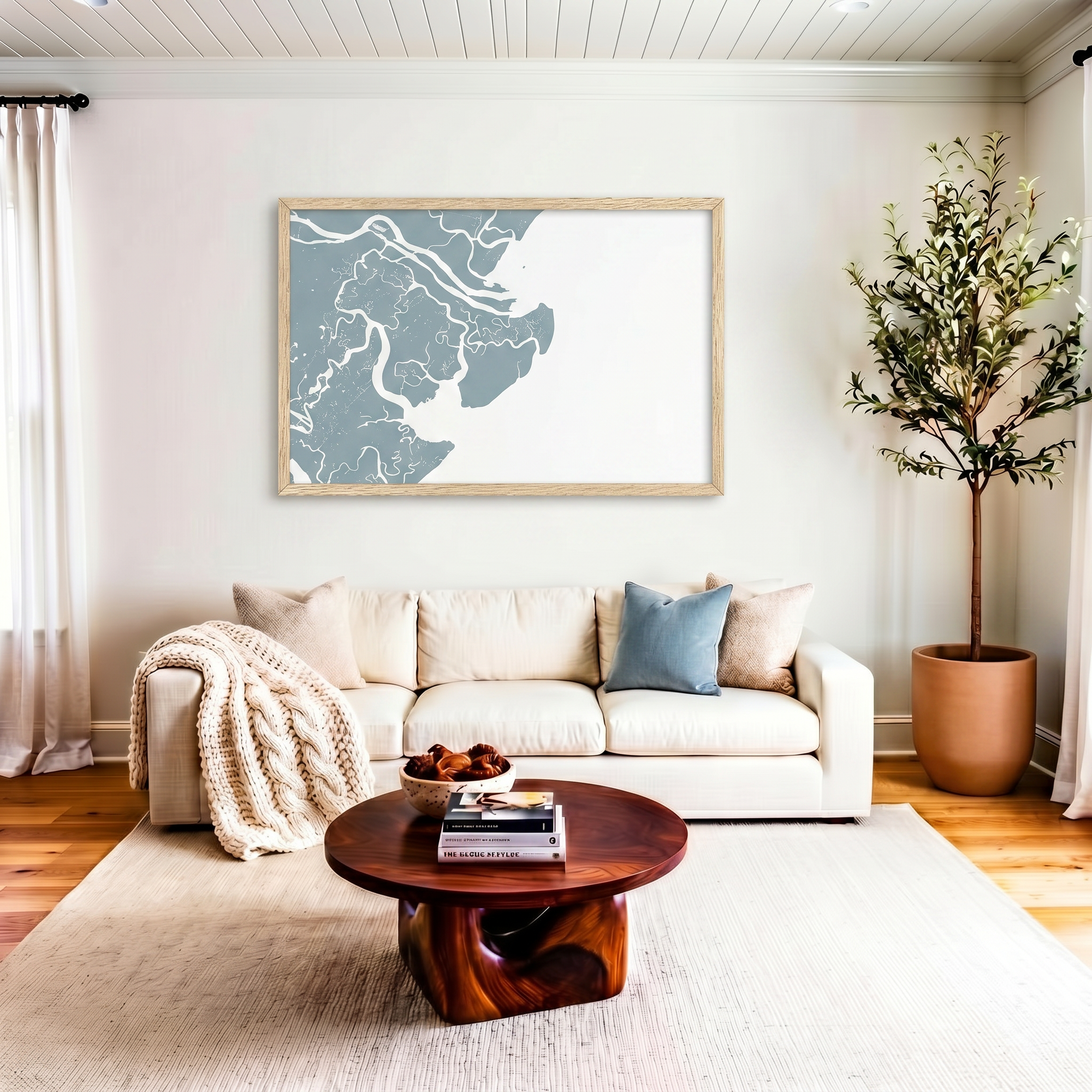 Tybee Island matte map art in livingroom setting