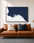Long Beach canvas map — two-pillow black-frame sofa interior