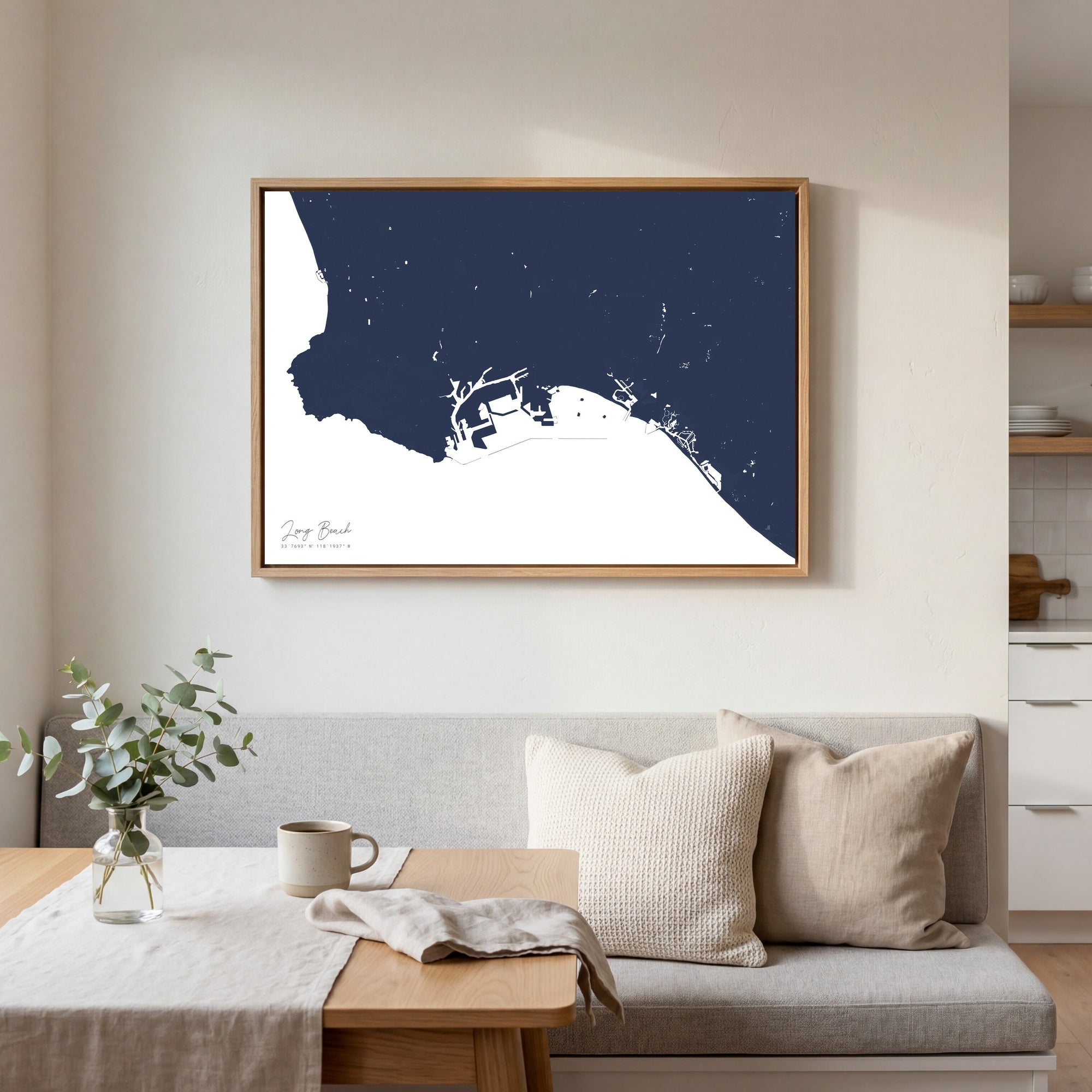 Long Beach navy horizontal canvas map in an oak framed room scene