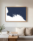 Long Beach navy horizontal canvas map in an oak framed room scene