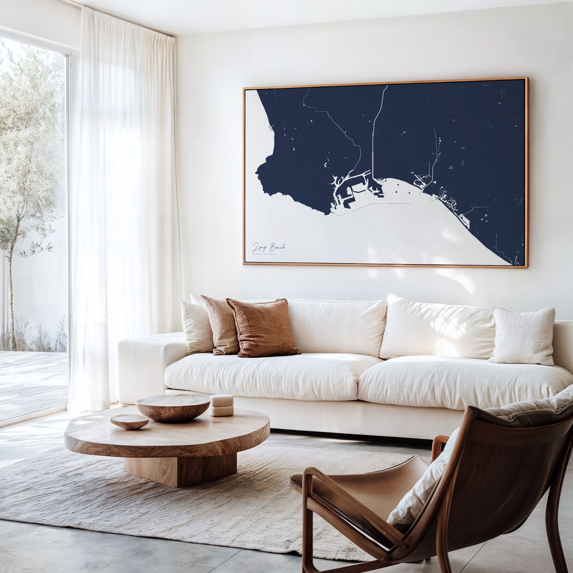 Long Beach navy horizontal canvas map in an oak framed room scene