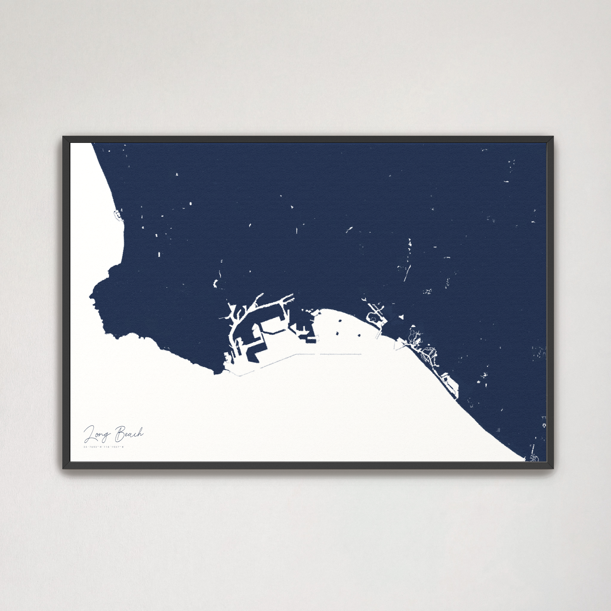Long Beach Coastal Map — Canvas Horizontal, navy, Black Frame