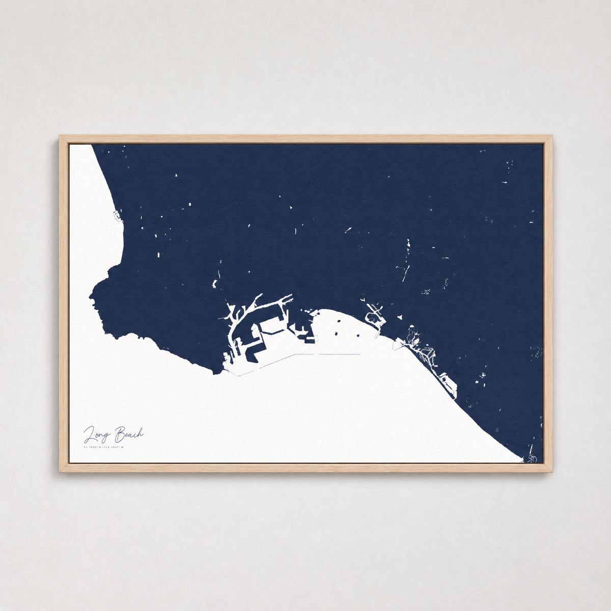 Long Beach Coastal Map — Canvas Horizontal — navy, Light Wood