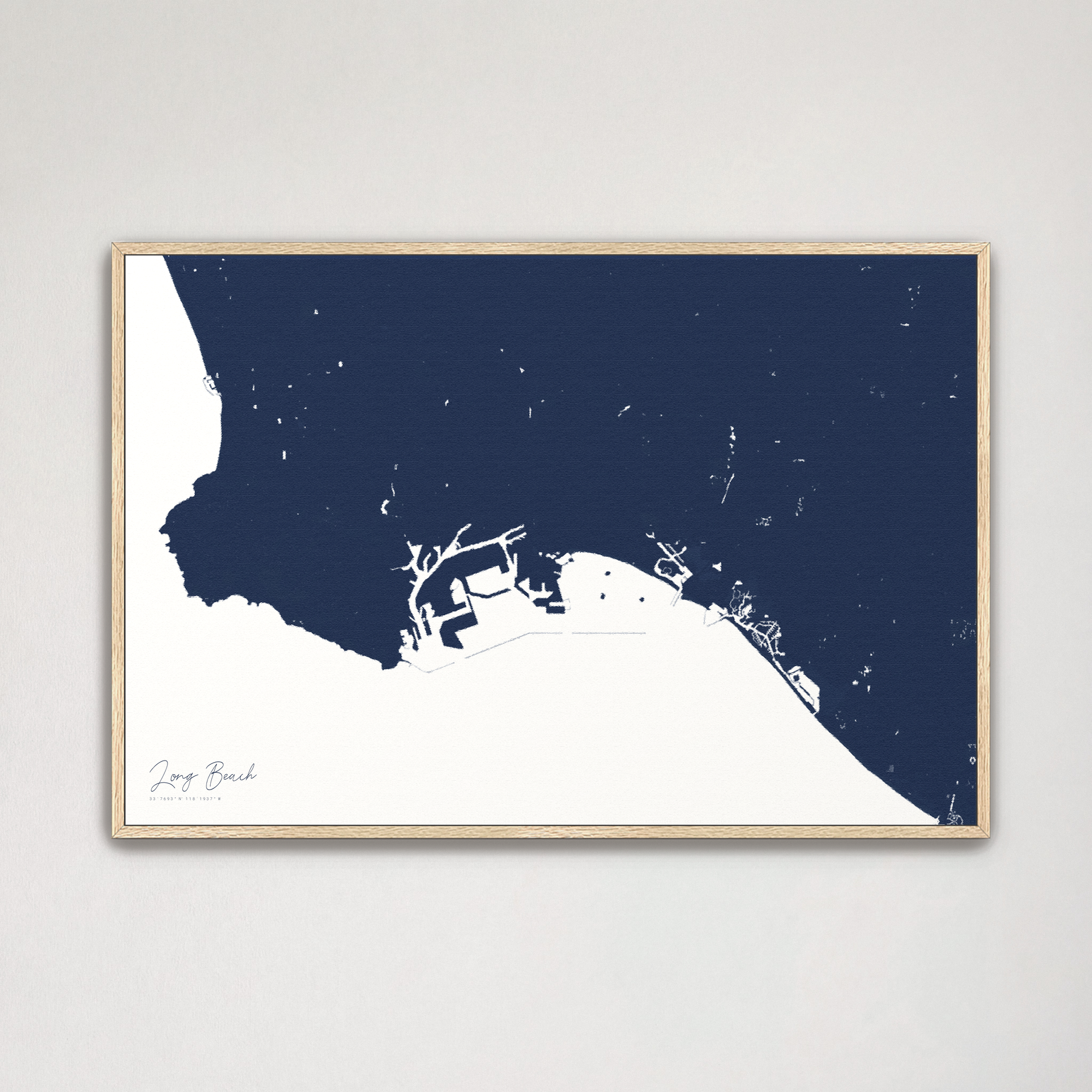 Long Beach Coastal Map — Canvas Horizontal, navy, Natural Oak