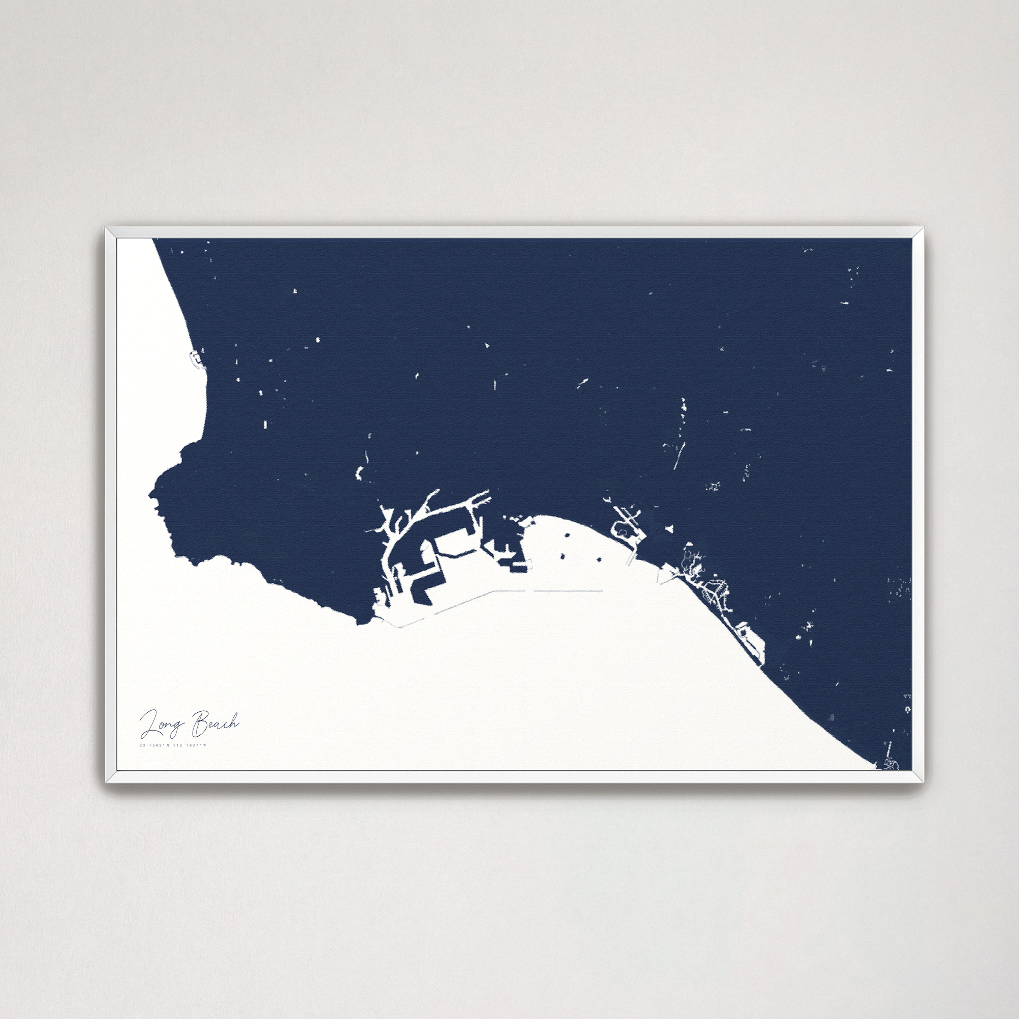 Long Beach Coastal Map — Canvas Horizontal, navy, White Frame