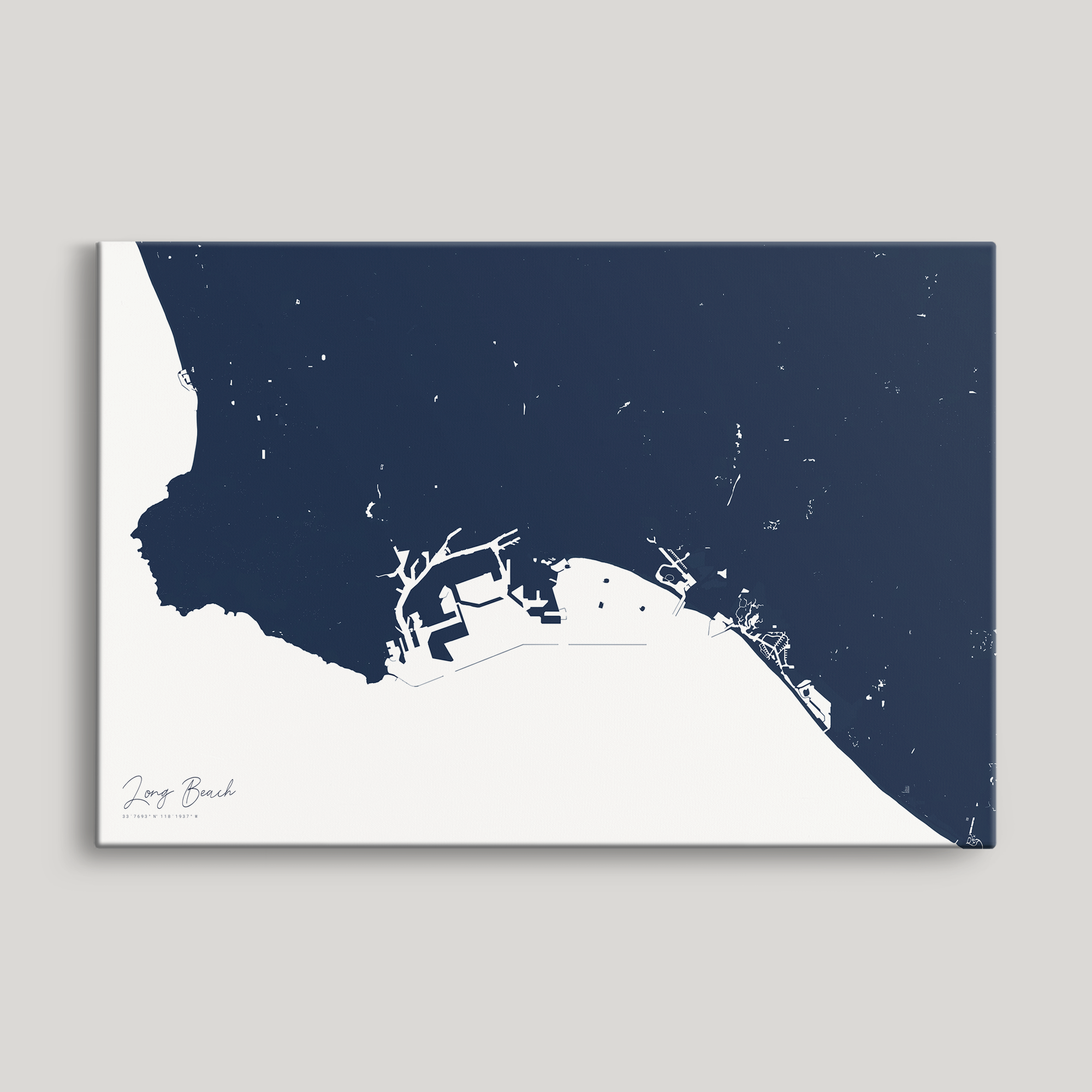 Long Beach Coastal Map — Canvas Horizontal, navy, No Frame