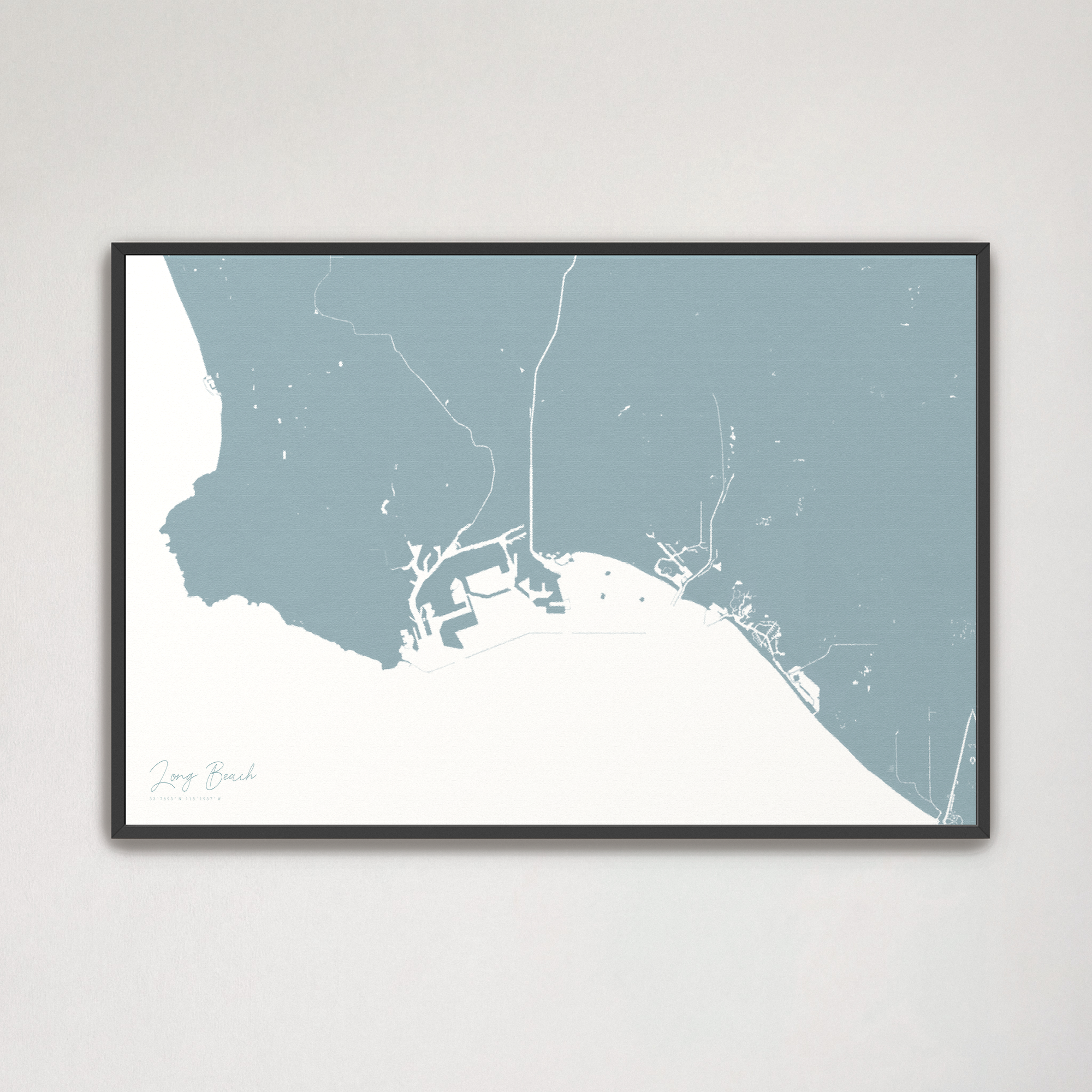 Long Beach Coastal Map — Canvas Horizontal, soft-blue, Black Frame