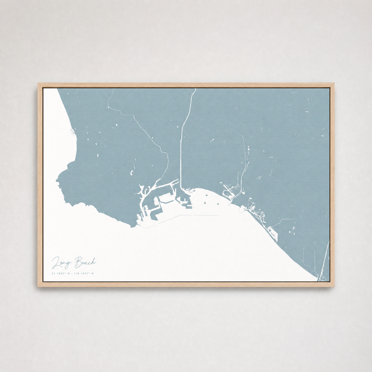 Long Beach Coastal Map — Canvas Horizontal — soft-blue, Light Wood