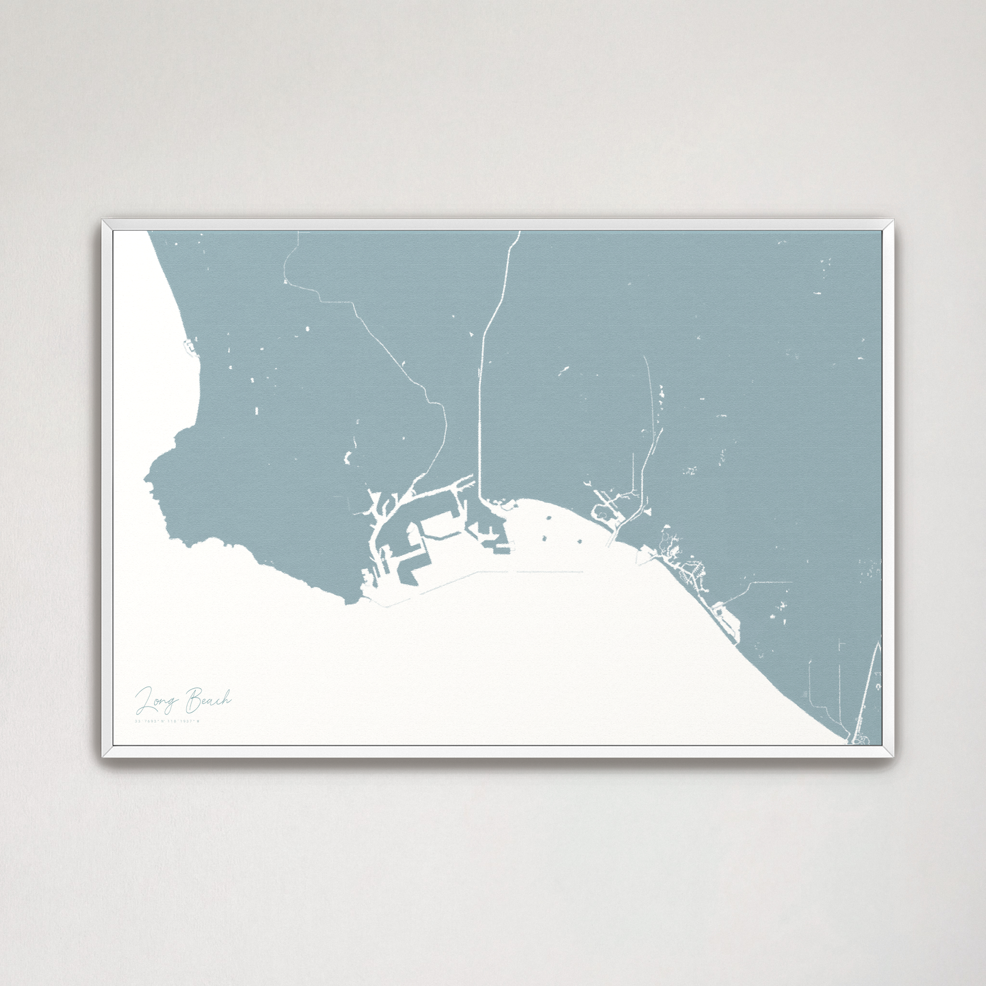 Long Beach Coastal Map — Canvas Horizontal, soft-blue, White Frame