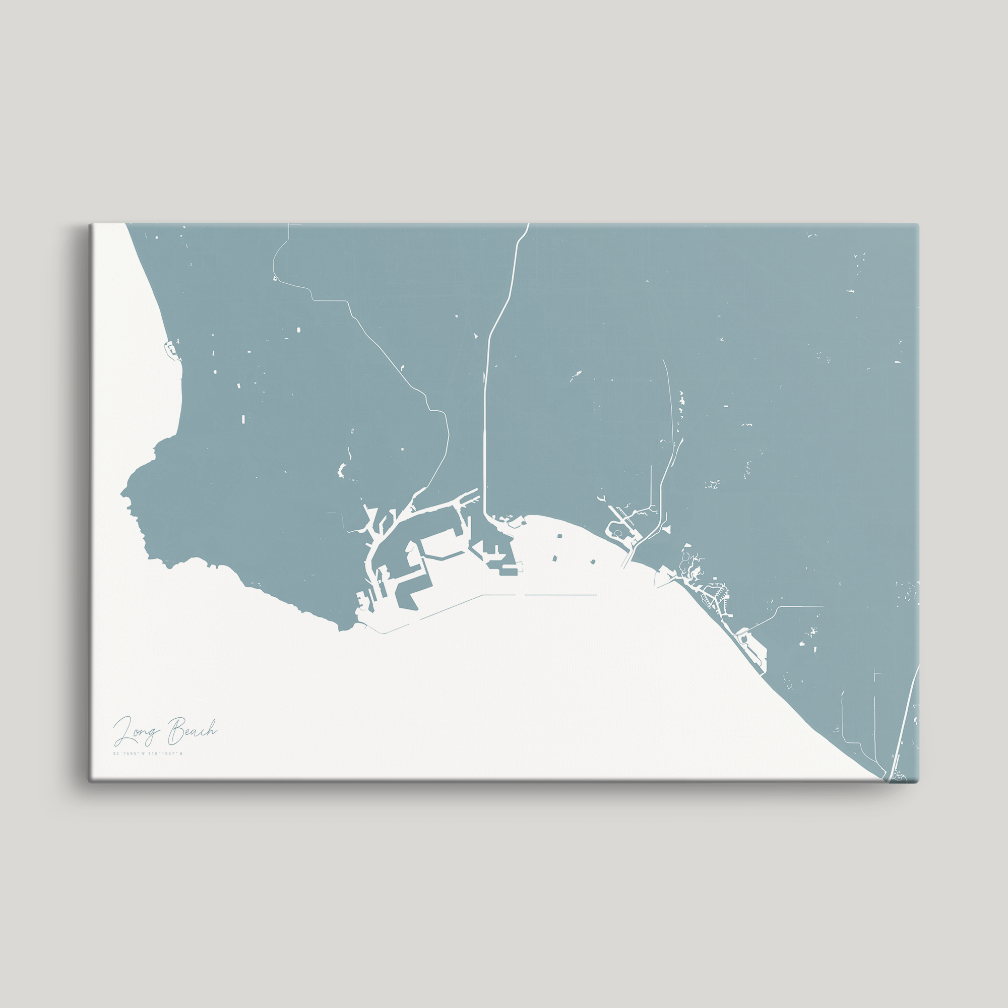 Long Beach Coastal Map — Canvas Horizontal, soft-blue, No Frame