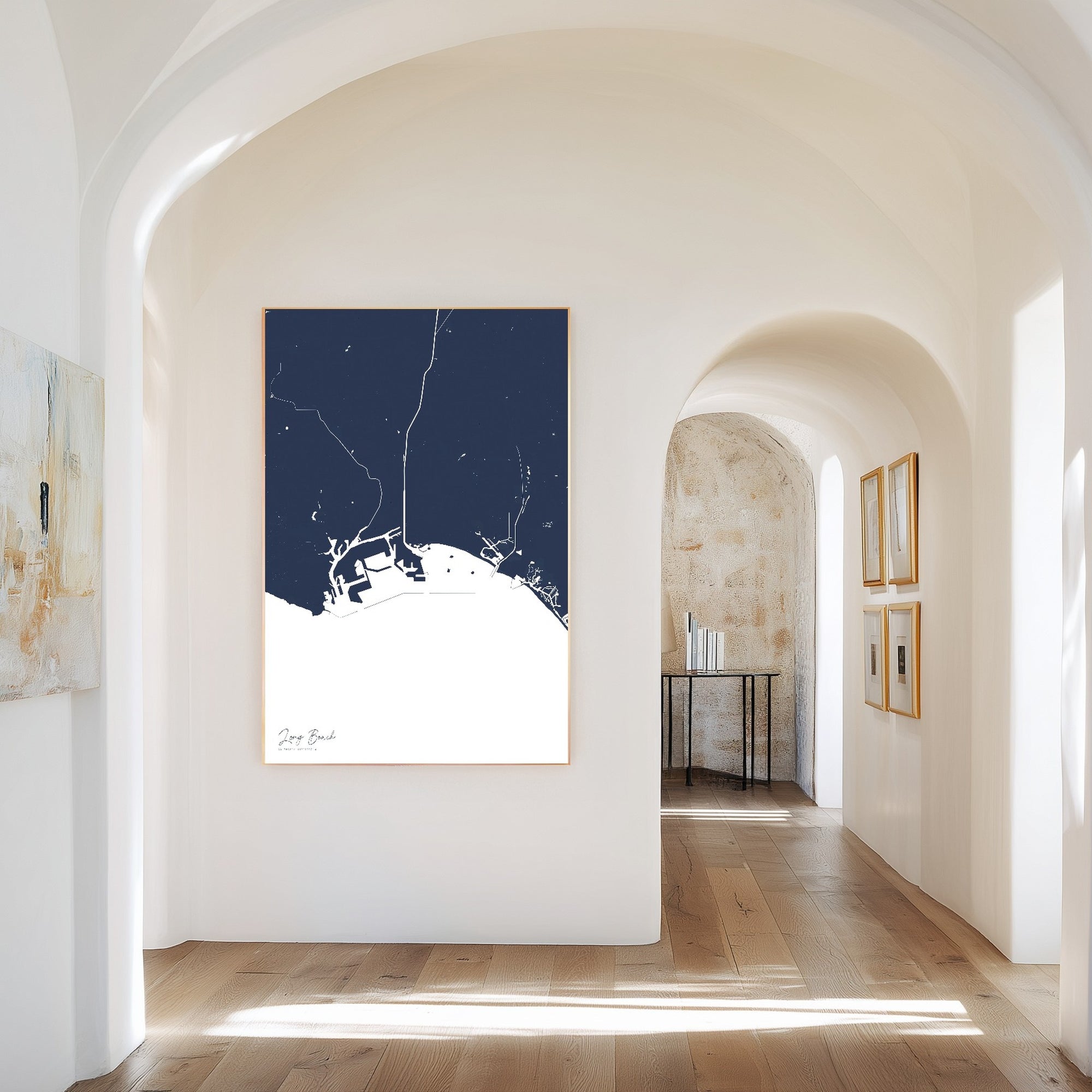 Long Beach navy vertical canvas map in the Bello mixed room scene