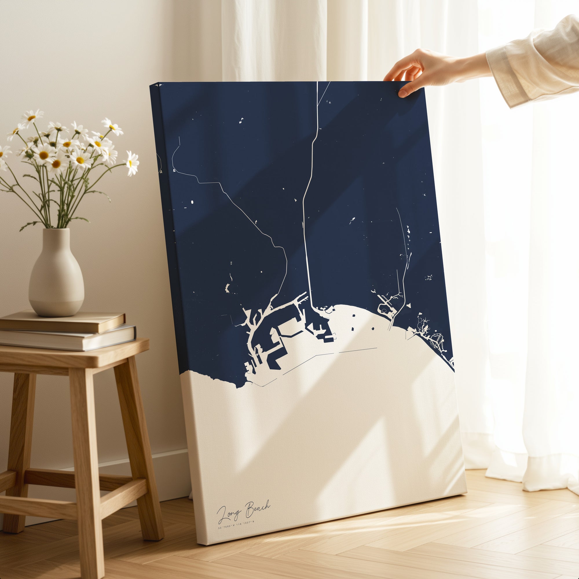Long Beach navy vertical wrapped canvas map in the ratio 2:3 hand mockup