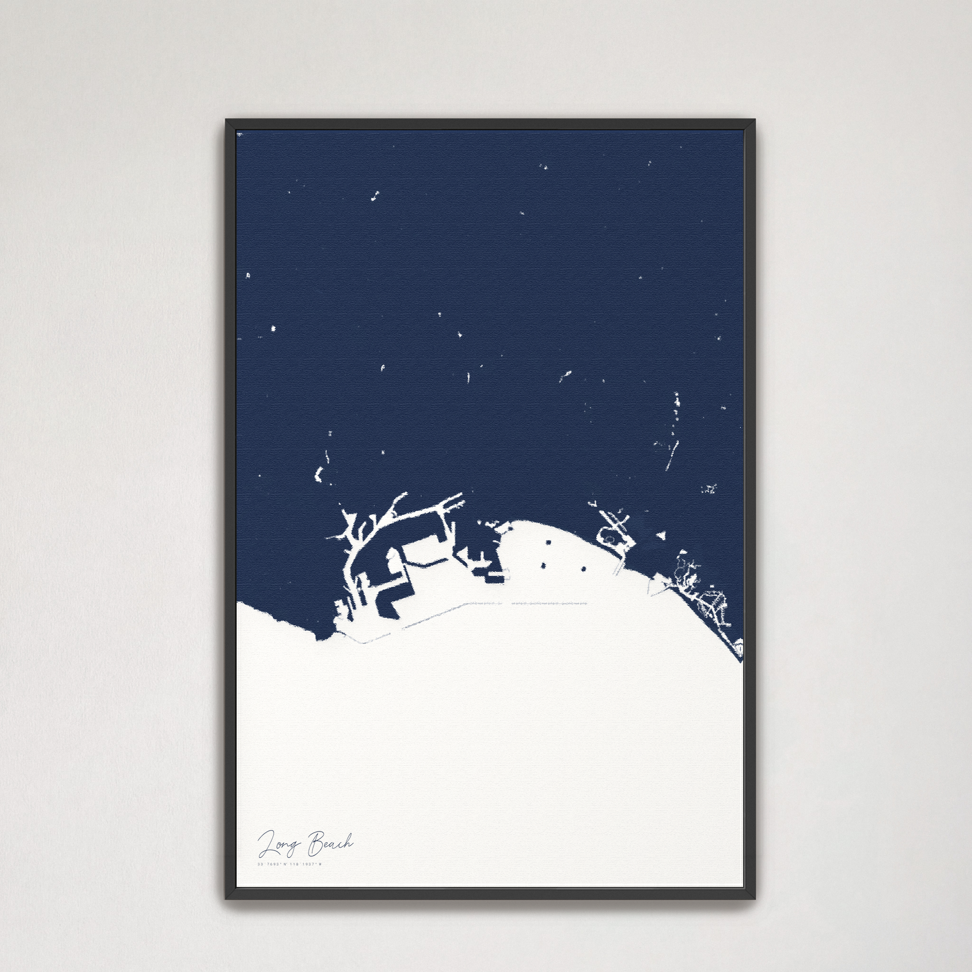 Long Beach Coastal Map — Canvas Vertical, navy, Black Frame
