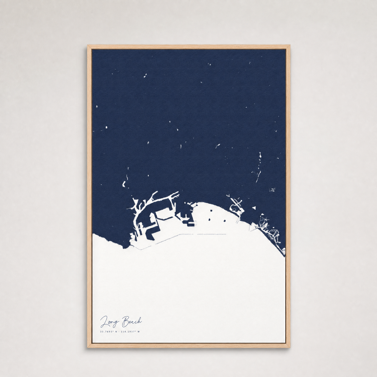 Long Beach Coastal Map — Canvas Vertical — navy, Light Wood