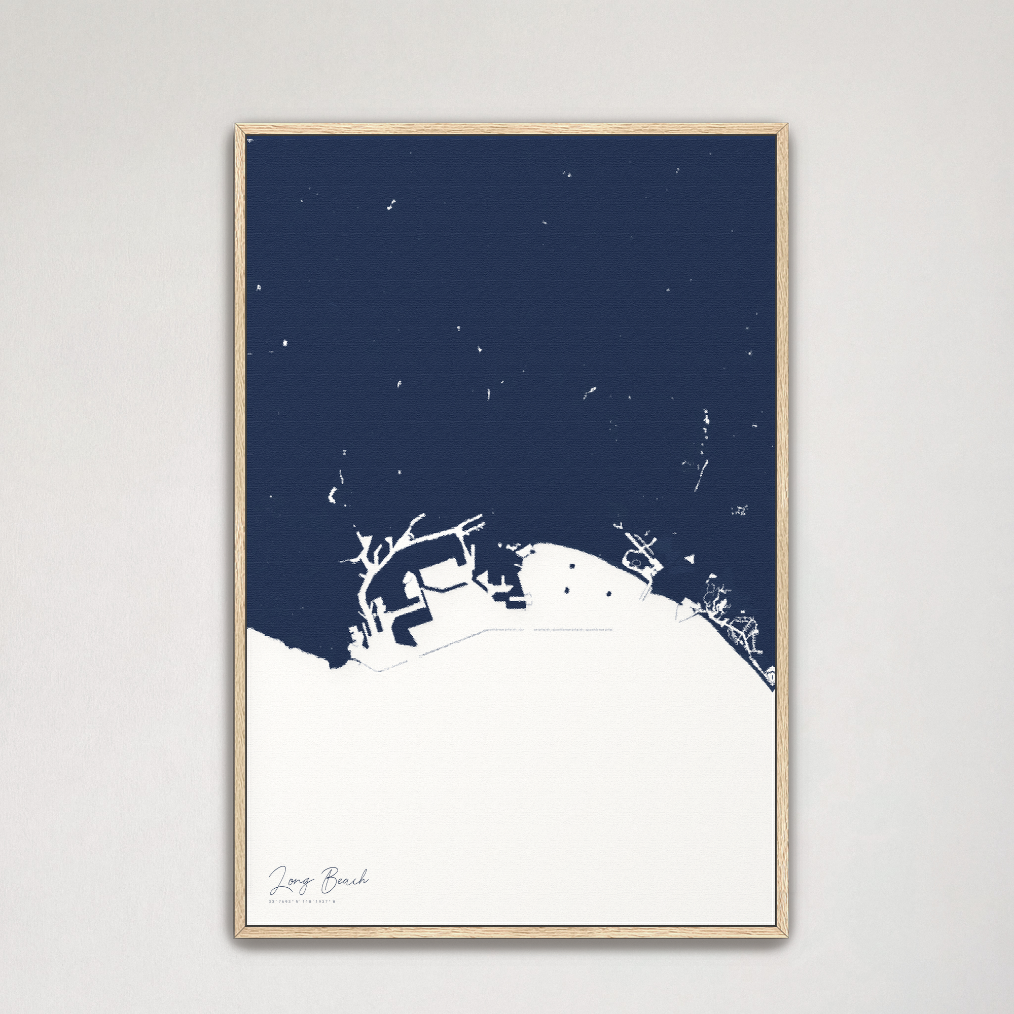 Long Beach Coastal Map — Canvas Vertical, navy, Natural Oak