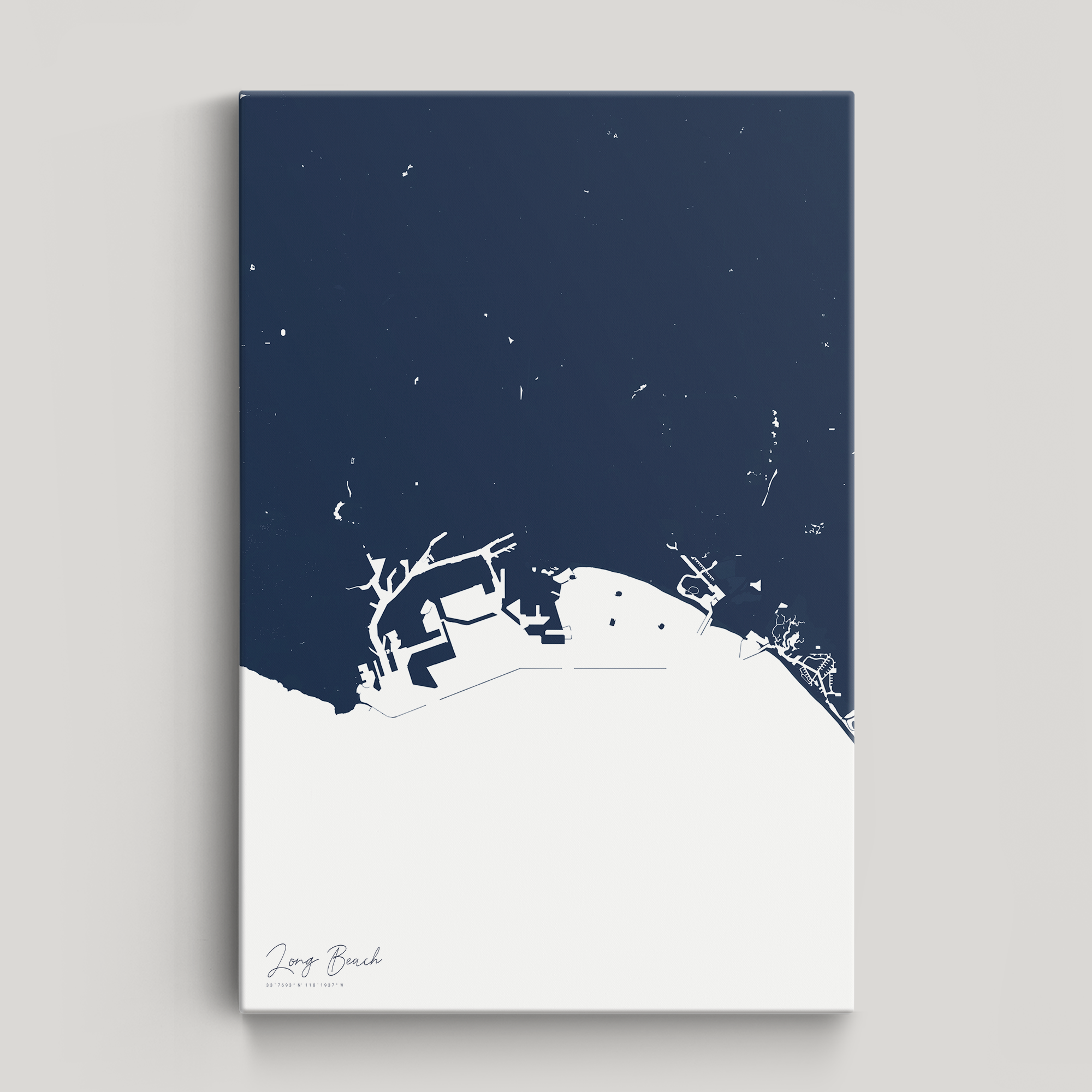 Long Beach Coastal Map — Canvas Vertical, navy, No Frame
