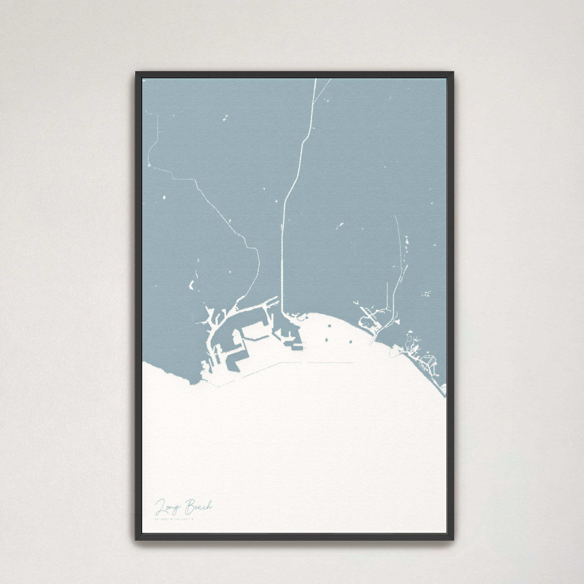 Long Beach Coastal Map — Canvas Vertical, soft-blue, Black Frame