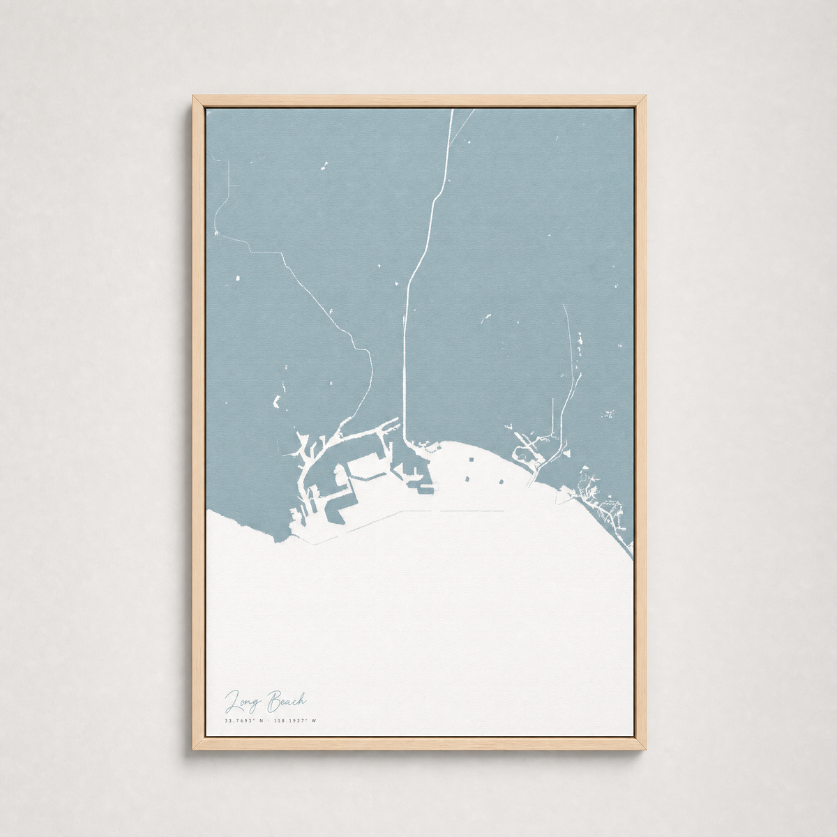 Long Beach Coastal Map — Canvas Vertical — soft-blue, Light Wood