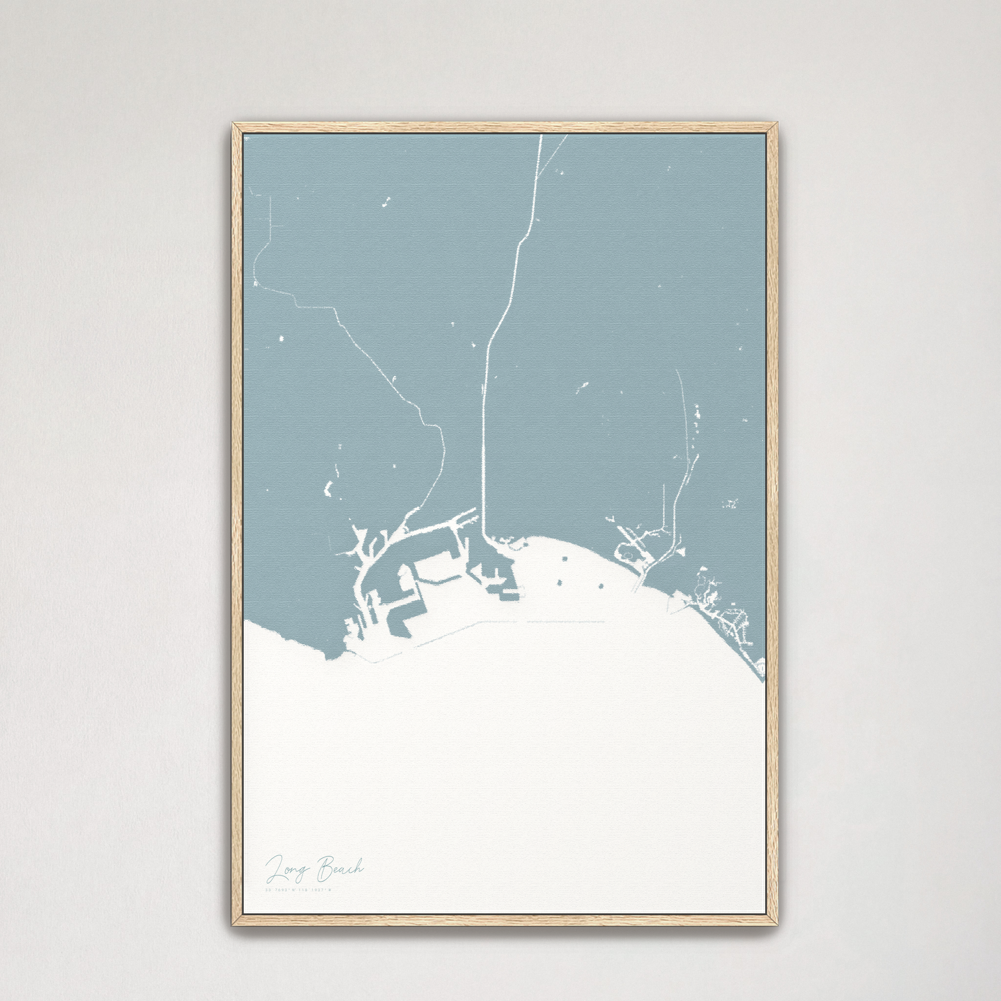 Long Beach Coastal Map — Canvas Vertical, soft-blue, Natural Oak