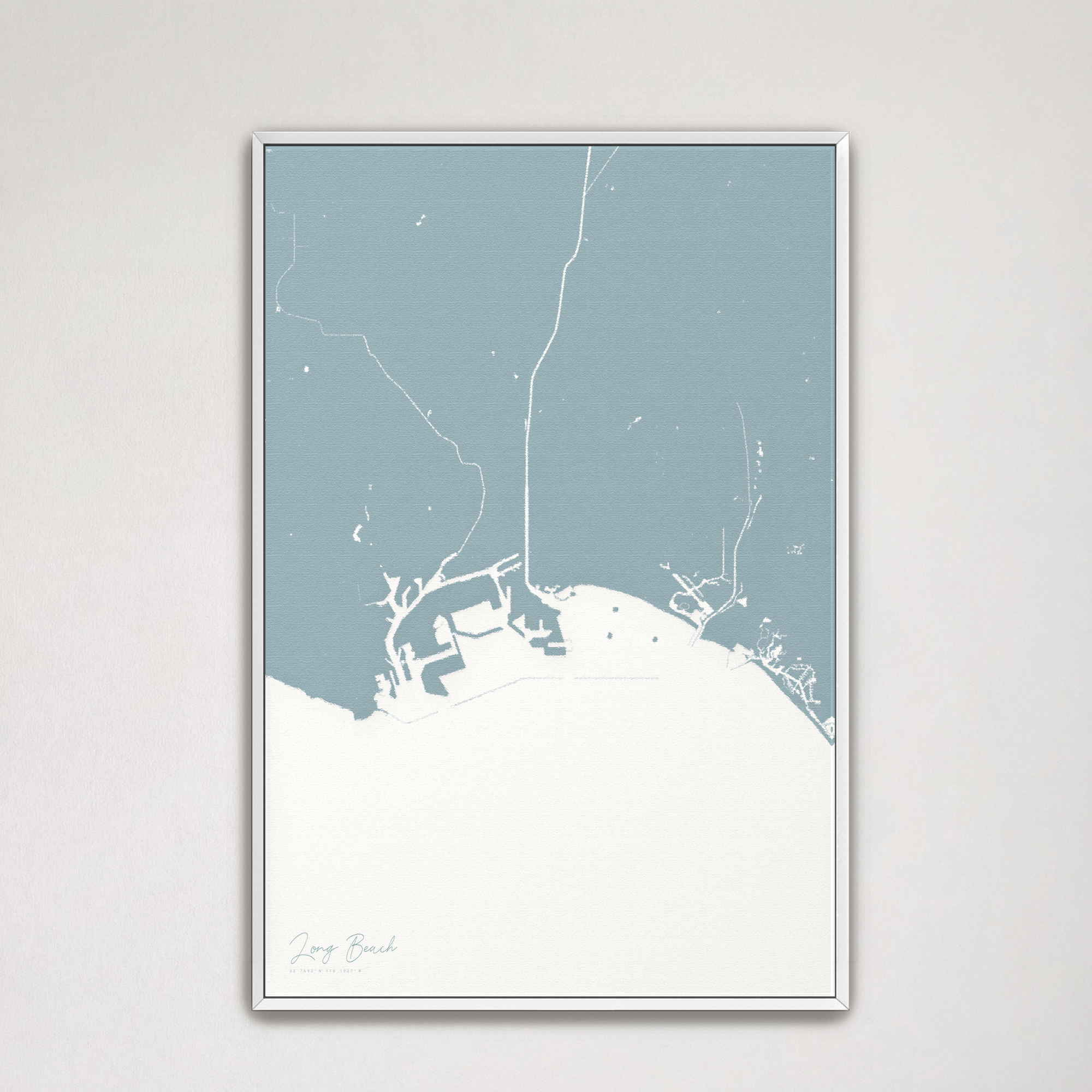 Long Beach Coastal Map — Canvas Vertical, soft-blue, White Frame